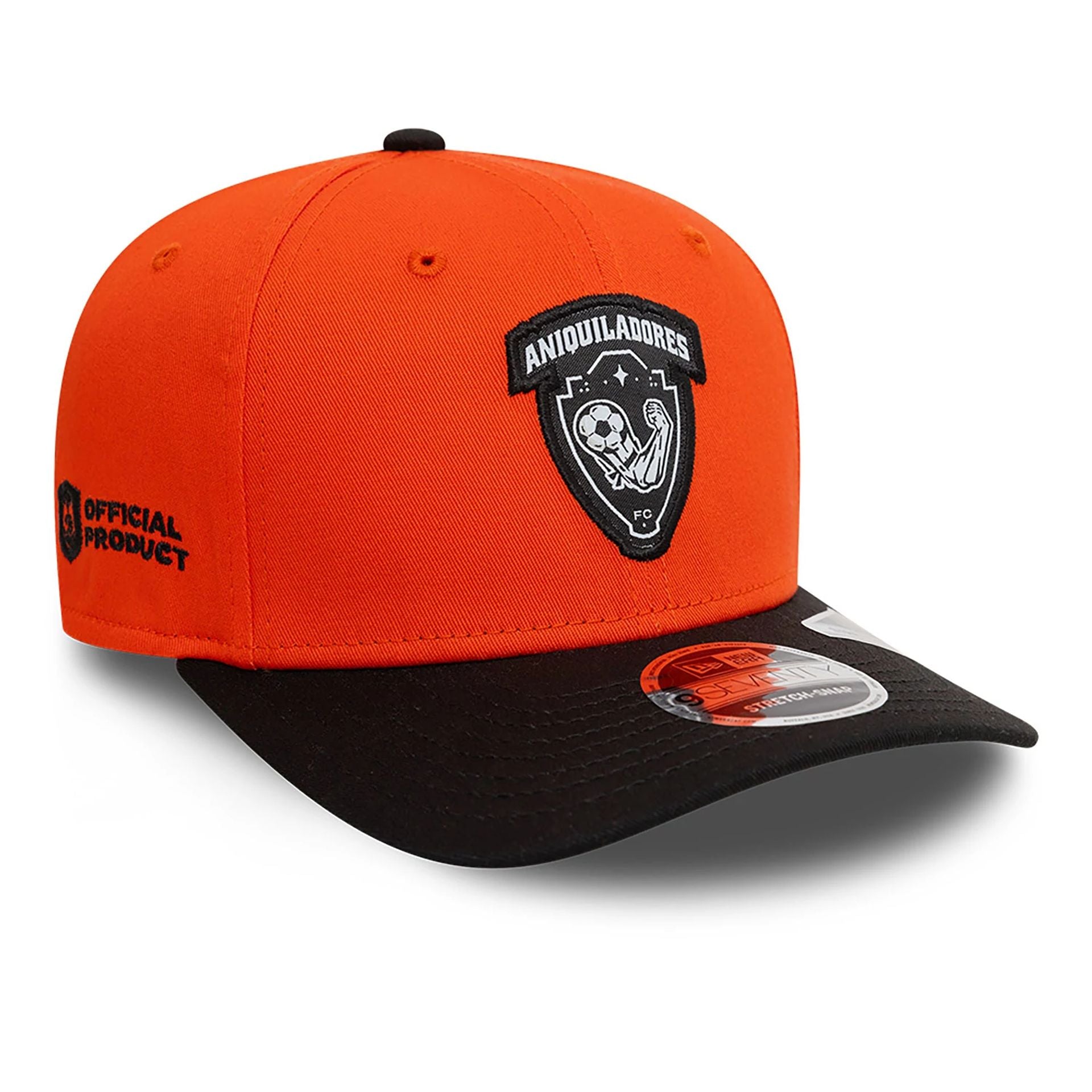 This is a Anquiladores FC Kings League Draft Orange 9SEVENTY Stretch Snap Adjustable Cap 1