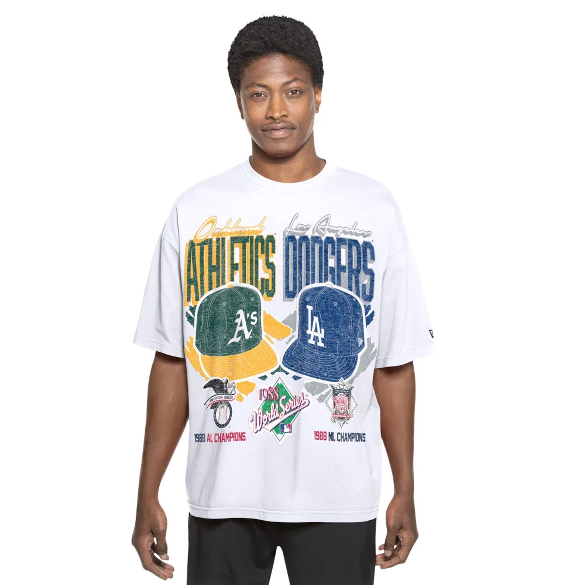 The Male model is wearing MLB Dueling Logos Oakland Athletics VS LA Dodgers Sport Classic White T-Shirt 1