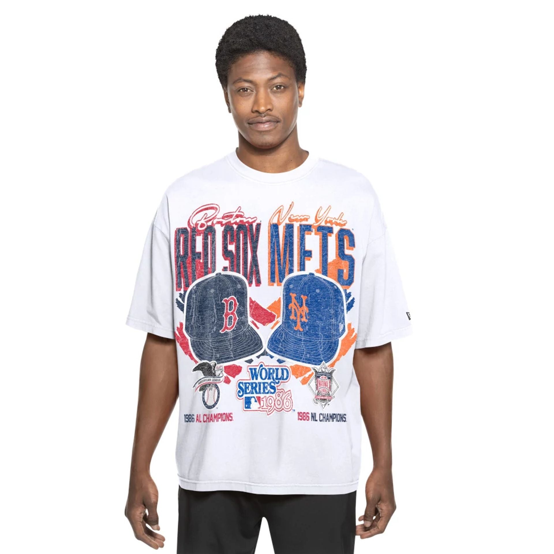 The Male model is wearing MLB Dueling Logos Boston Red Sox VS New York Mets Sport Classic White T-Shirt 1