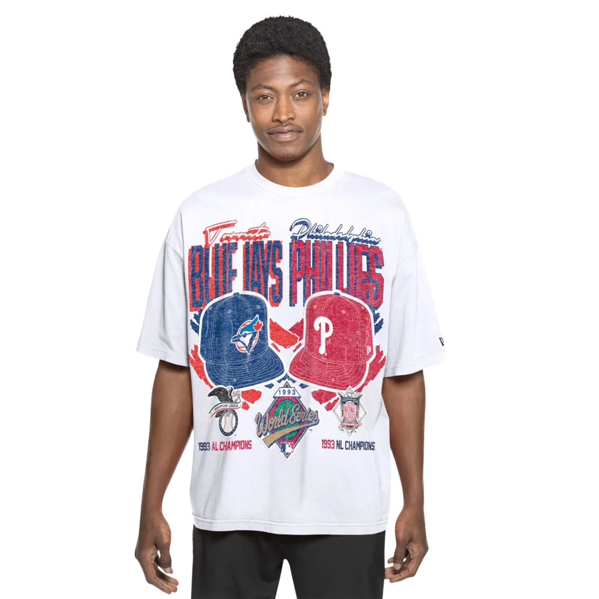 The Male model is wearing MLB Dueling Logos Toronto Blue Jays VS Philadelphia Phillies Sport Classic White T-Shirt 1