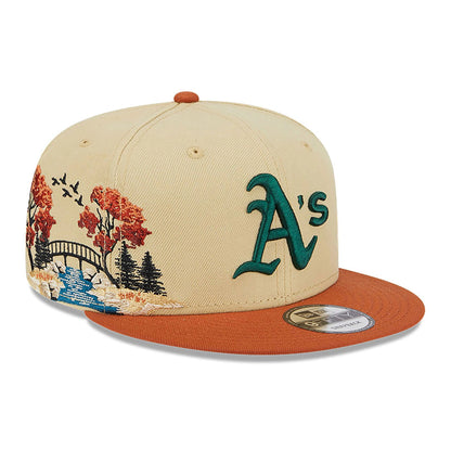 This is a Oakland Athletics Fall Landscape Light Beige 9FIFTY Snapback Cap 1