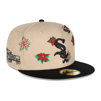 This is a Chicago White Sox Christmas Poinsettia Light Beige 59FIFTY Fitted Cap 1