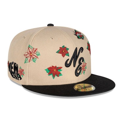 This is a New Era Christmas Poinsettia Light Beige 59FIFTY Fitted Cap 1