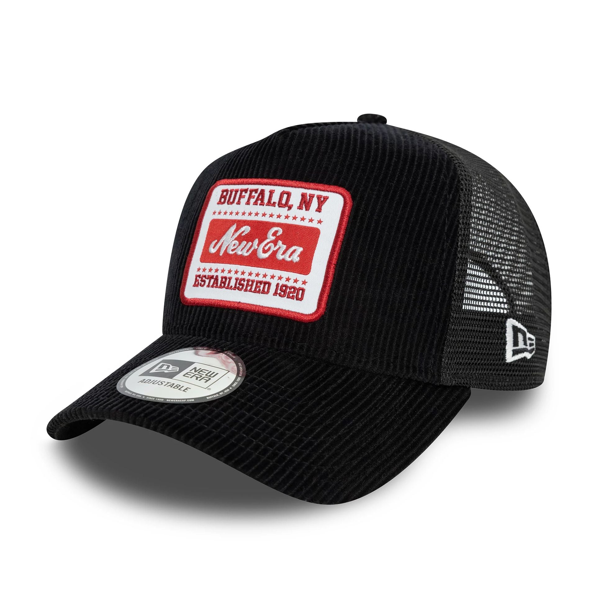 This is a New Era Patch Cord Black 9FORTY A-Frame Trucker Adjustable Cap 1