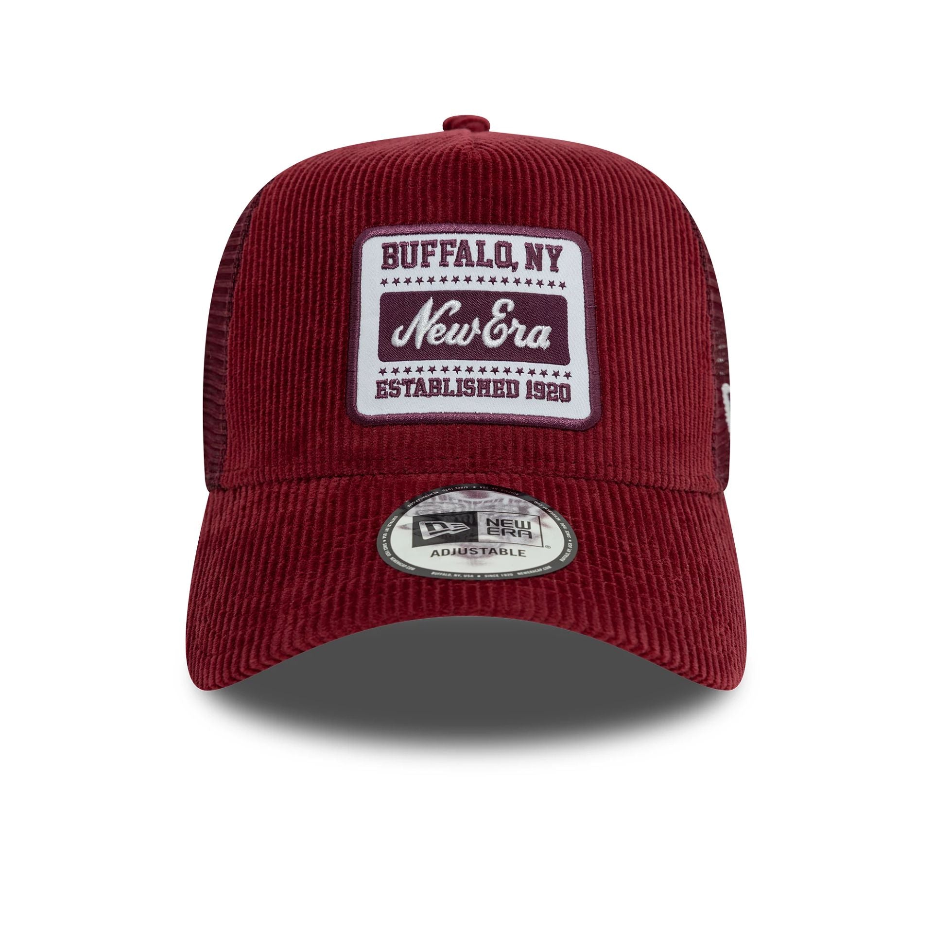 This is a New Era Patch Cord Dark Red 9FORTY A-Frame Trucker Adjustable Cap 2