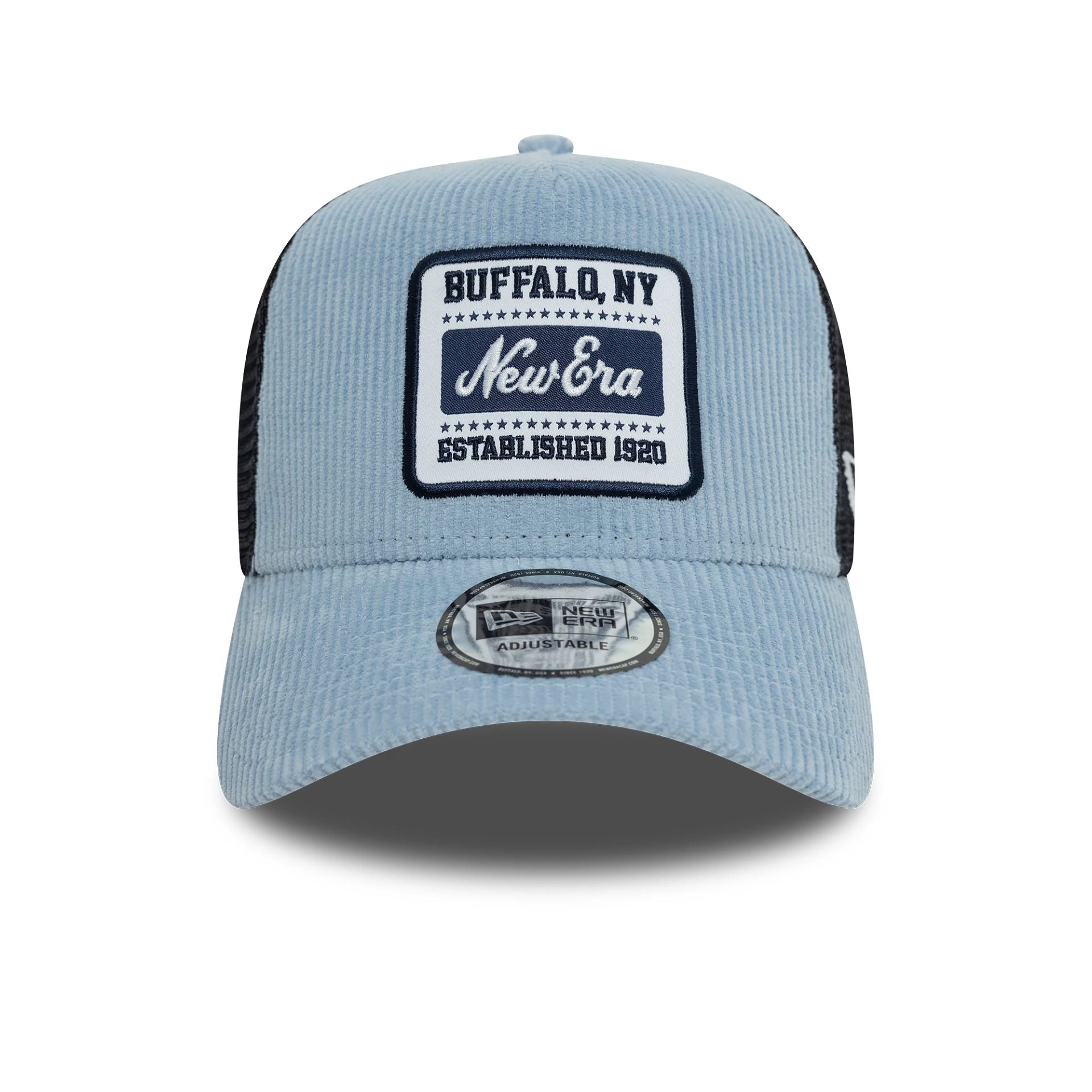 This is a New Era Patch Cord Pastel Blue 9FORTY A-Frame Trucker Adjustable Cap 2