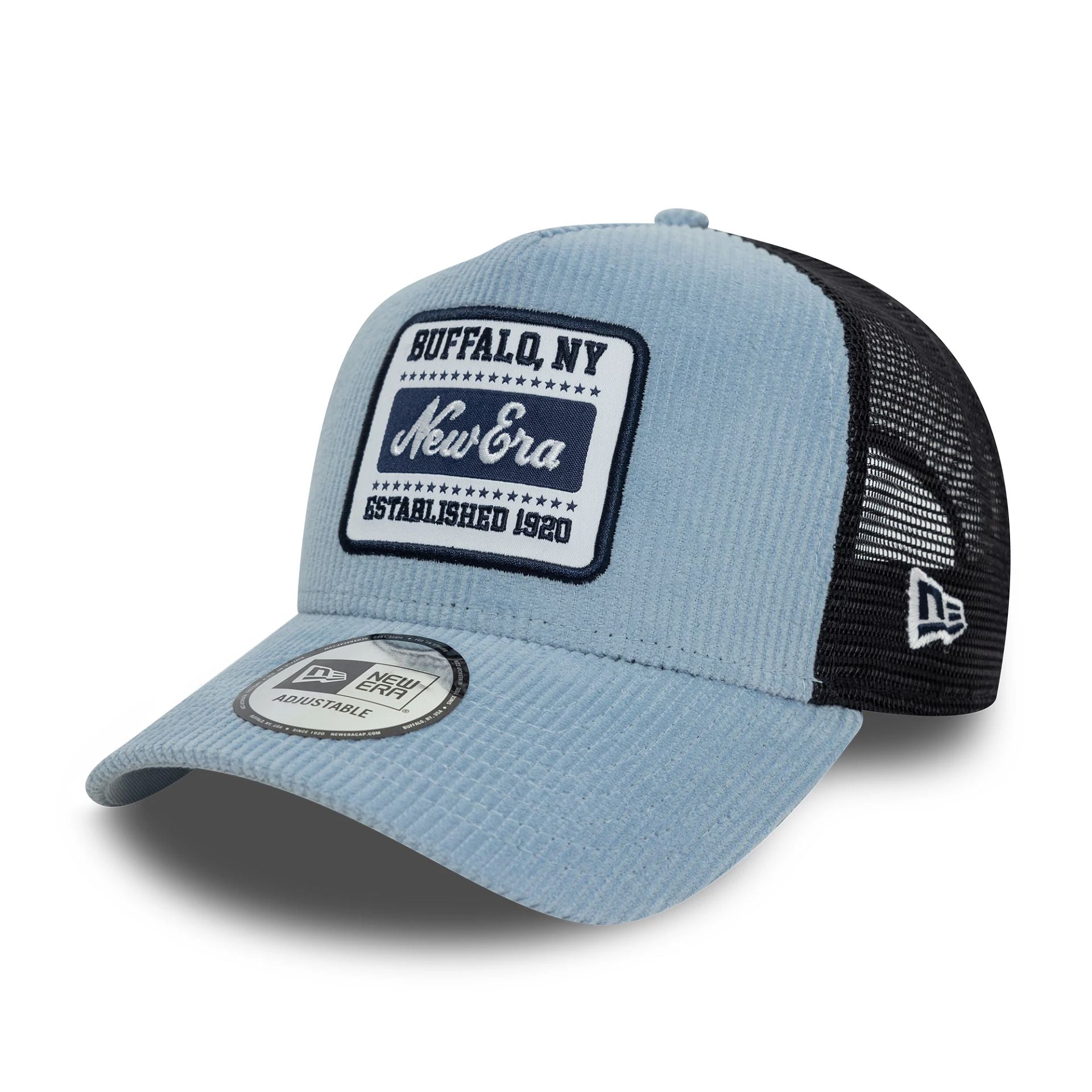 This is a New Era Patch Cord Pastel Blue 9FORTY A-Frame Trucker Adjustable Cap 1