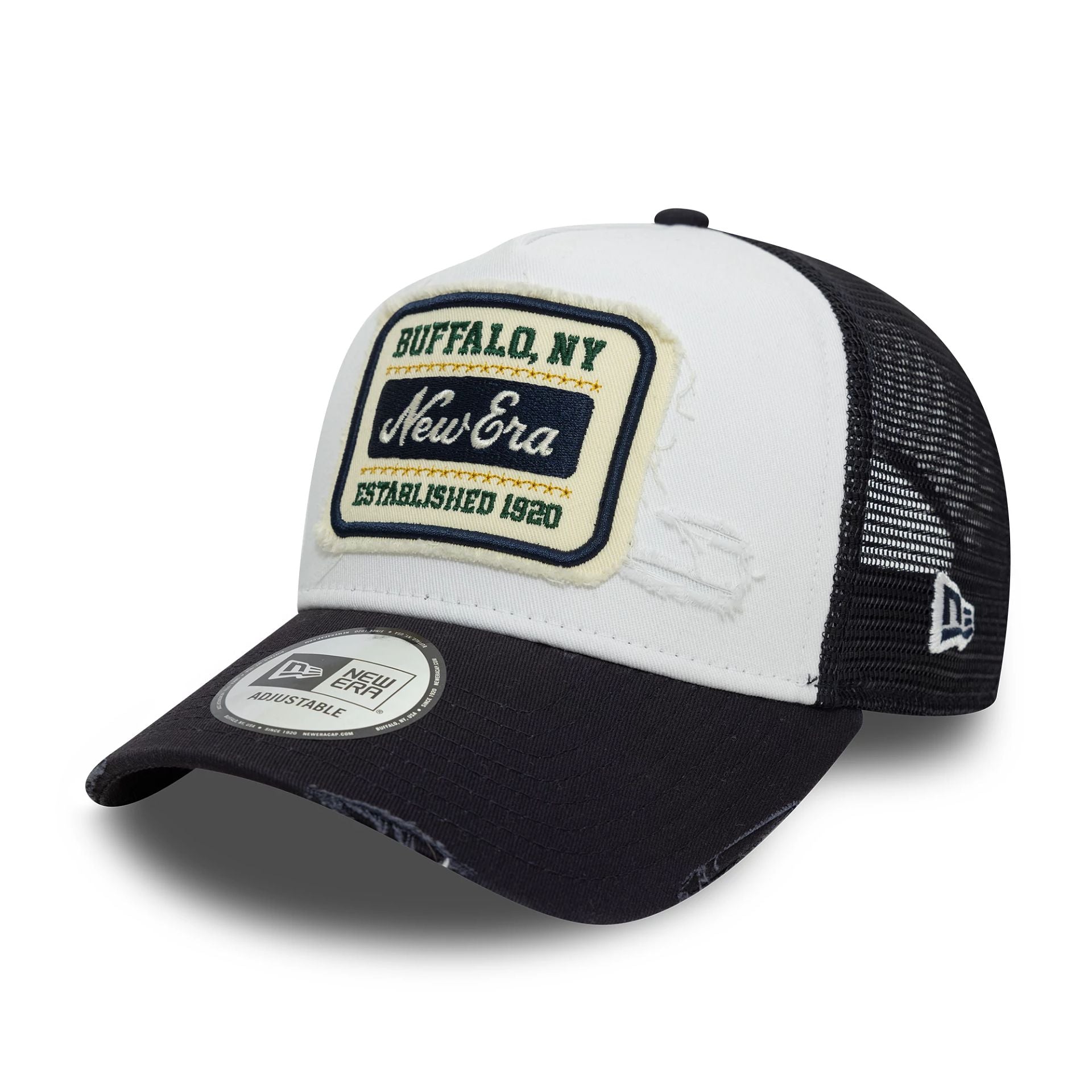 This is a New Era Patch Distressed Black 9FORTY A-Frame Trucker Adjustable Cap 1