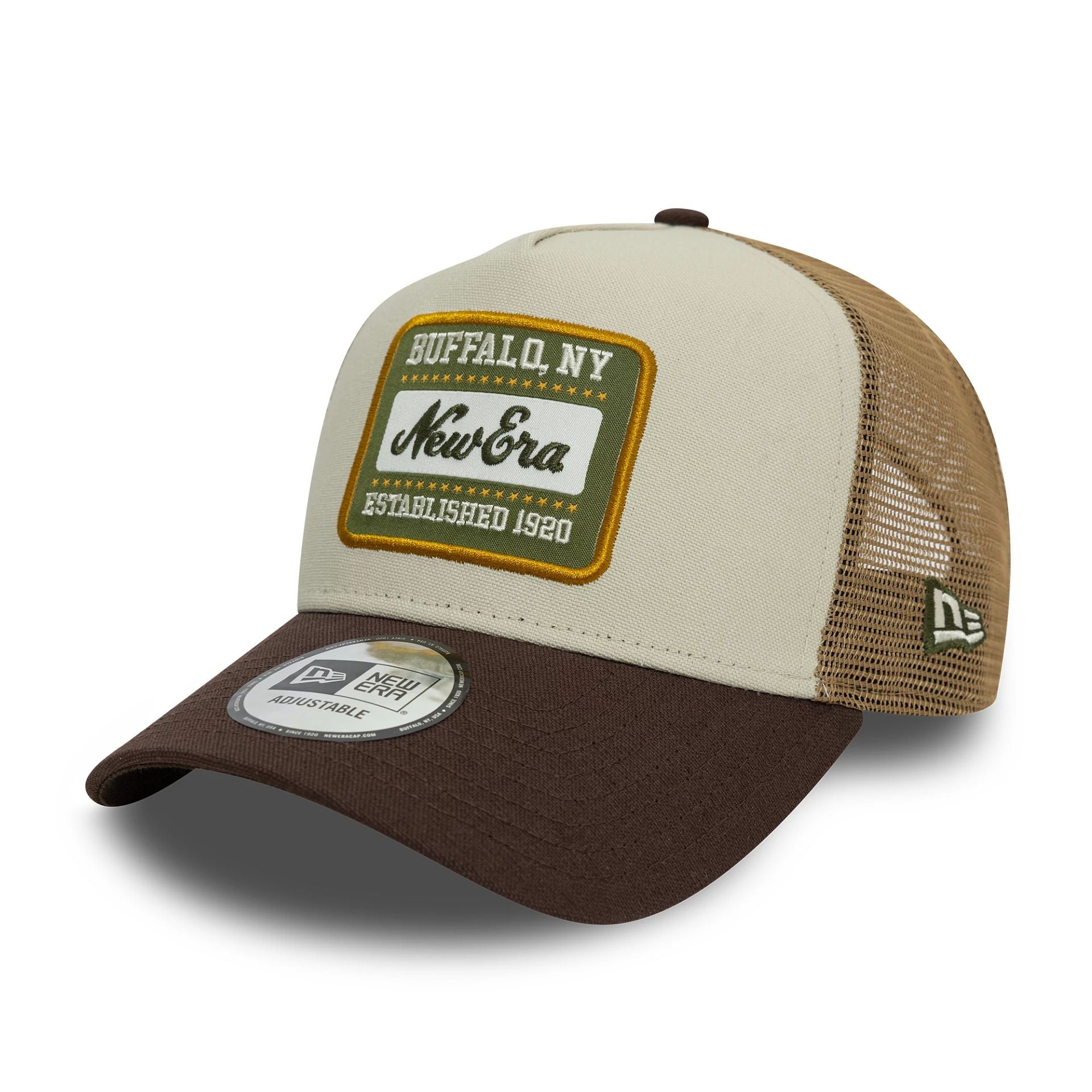 This is a New Era Patch Cotton Canvas Cream 9FORTY A-Frame Trucker Adjustable Cap 1