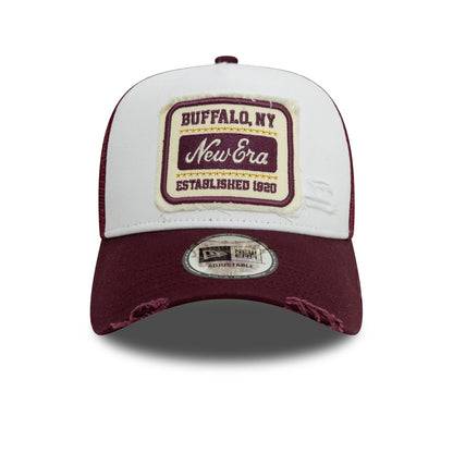 This is a New Era Patch Distressed Dark Red 9FORTY A-Frame Trucker Adjustable Cap 3