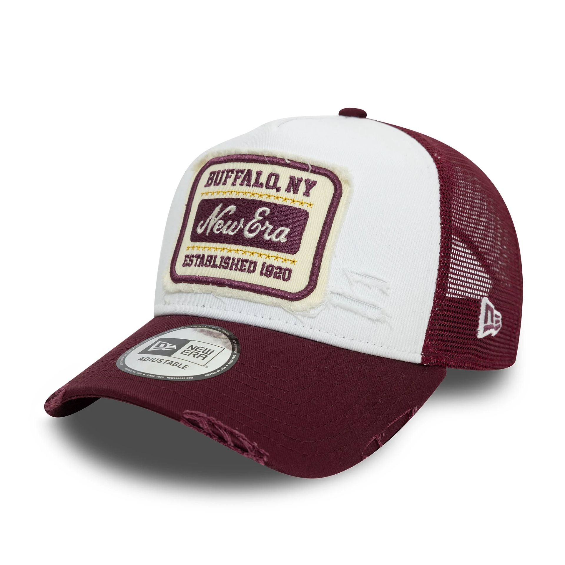 This is a New Era Patch Distressed Dark Red 9FORTY A-Frame Trucker Adjustable Cap 1