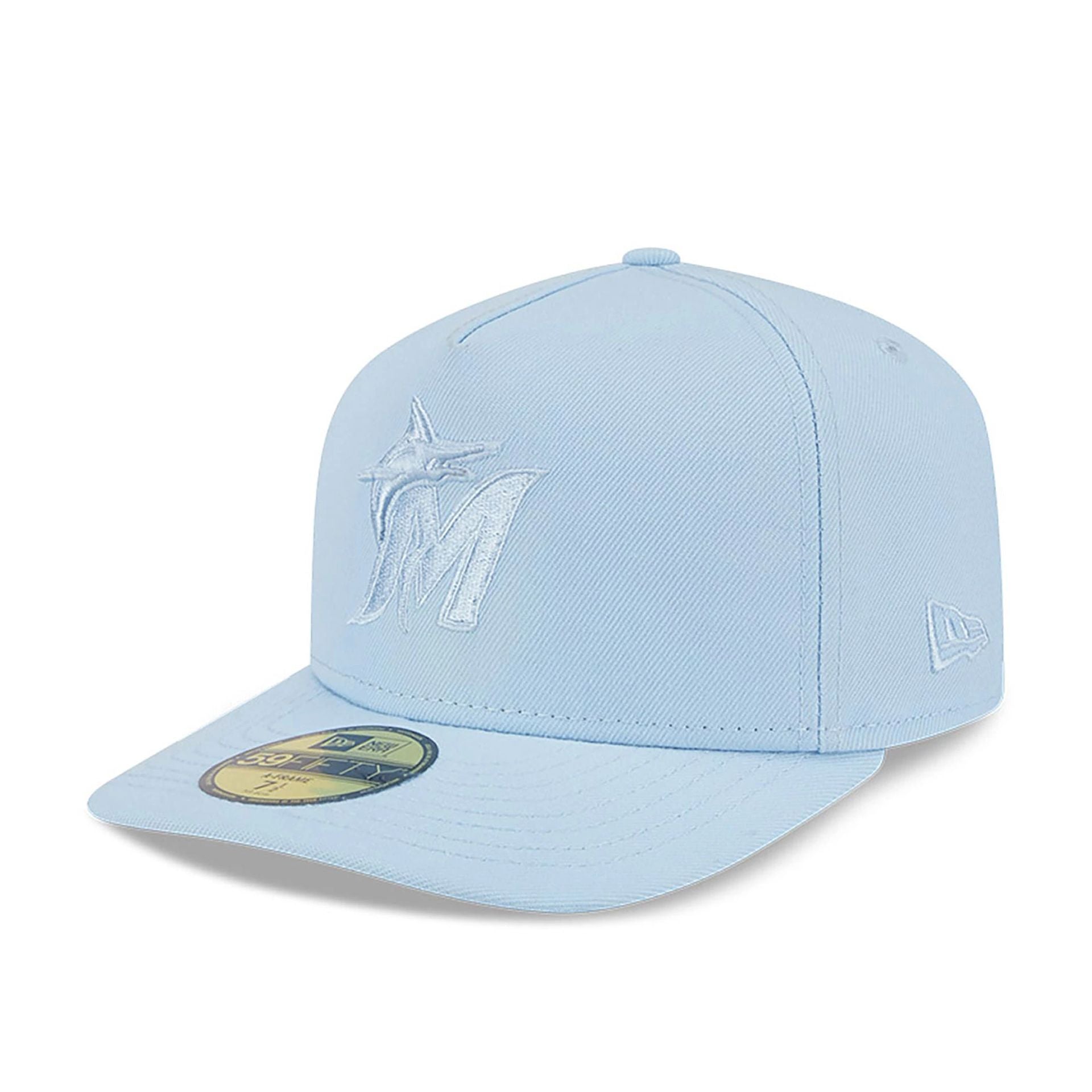 This is a Miami Marlins Colour Pack Pastel Blue A-Frame 59FIFTY Fitted Cap 1