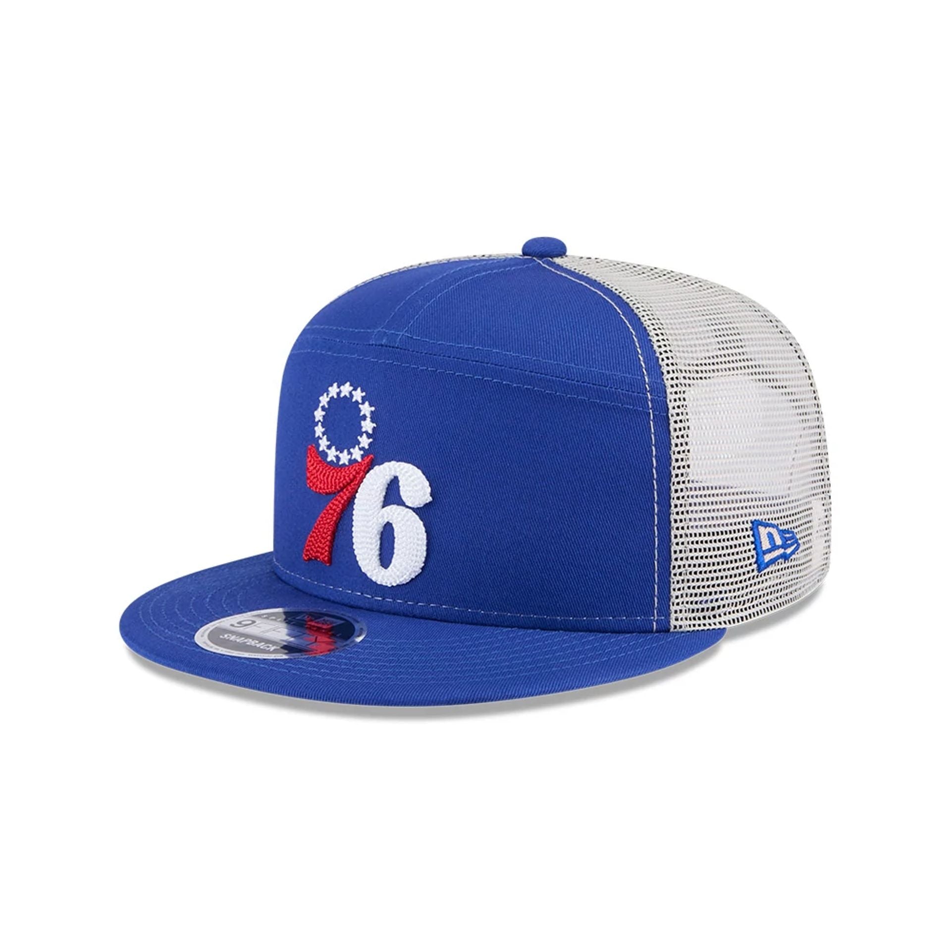 This is a Philadelphia 76ers NBA All Star Game 2025 Fan Pack Blue 9FIFTY Split Panel Snapback Cap 1