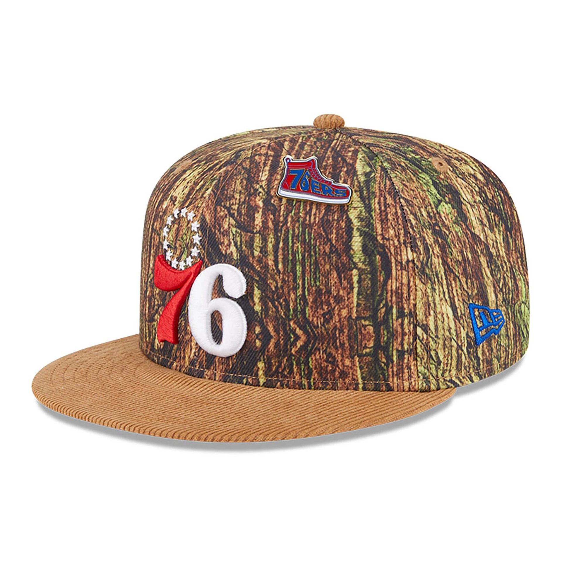 This is a Philadelphia 76ers NBA All Star Game 2025 Fan Pack All Over Print Beige 9FIFTY Snapback Cap 1