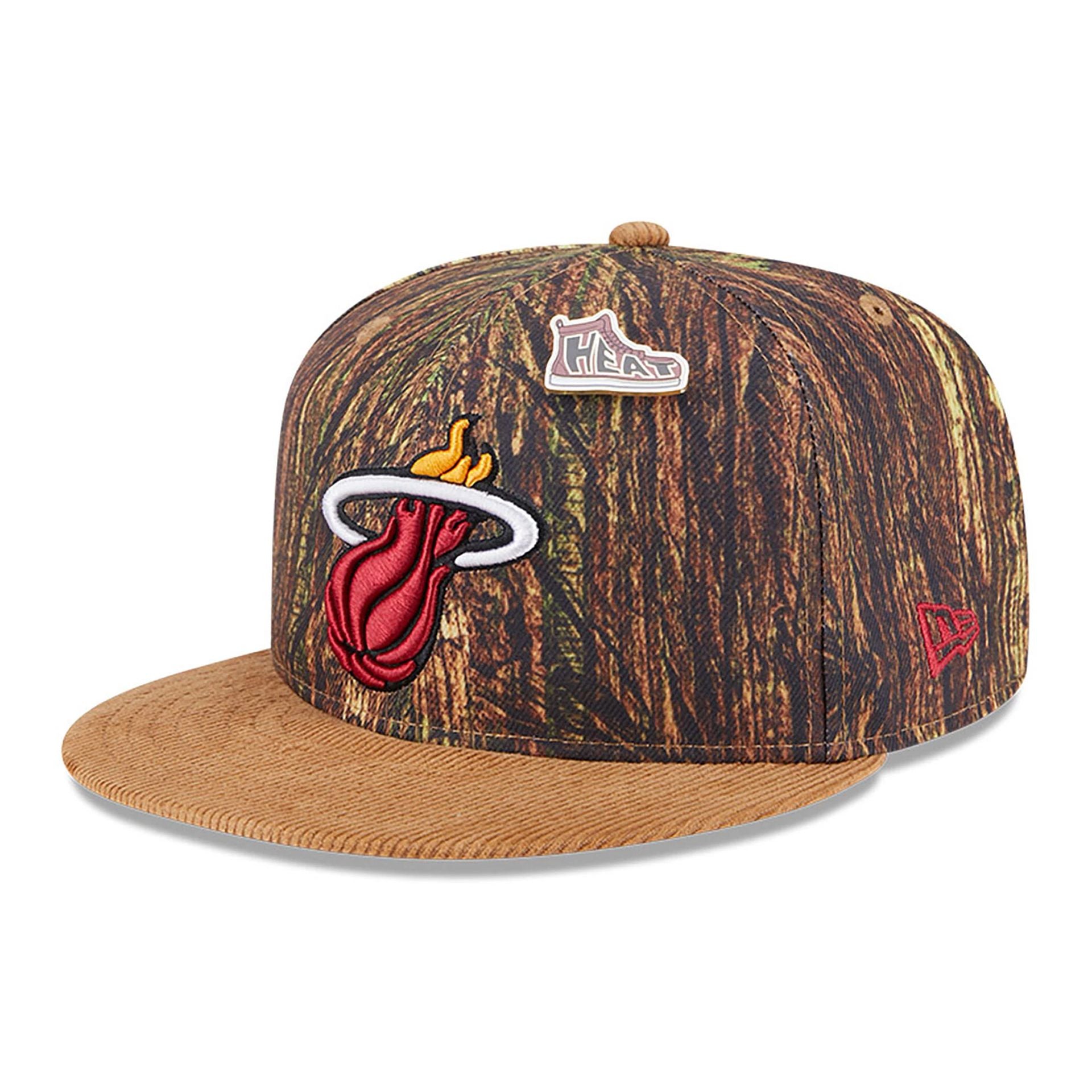 This is a Miami Heat NBA All Star Game 2025 Fan Pack All Over Print Beige 9FIFTY Snapback Cap 1