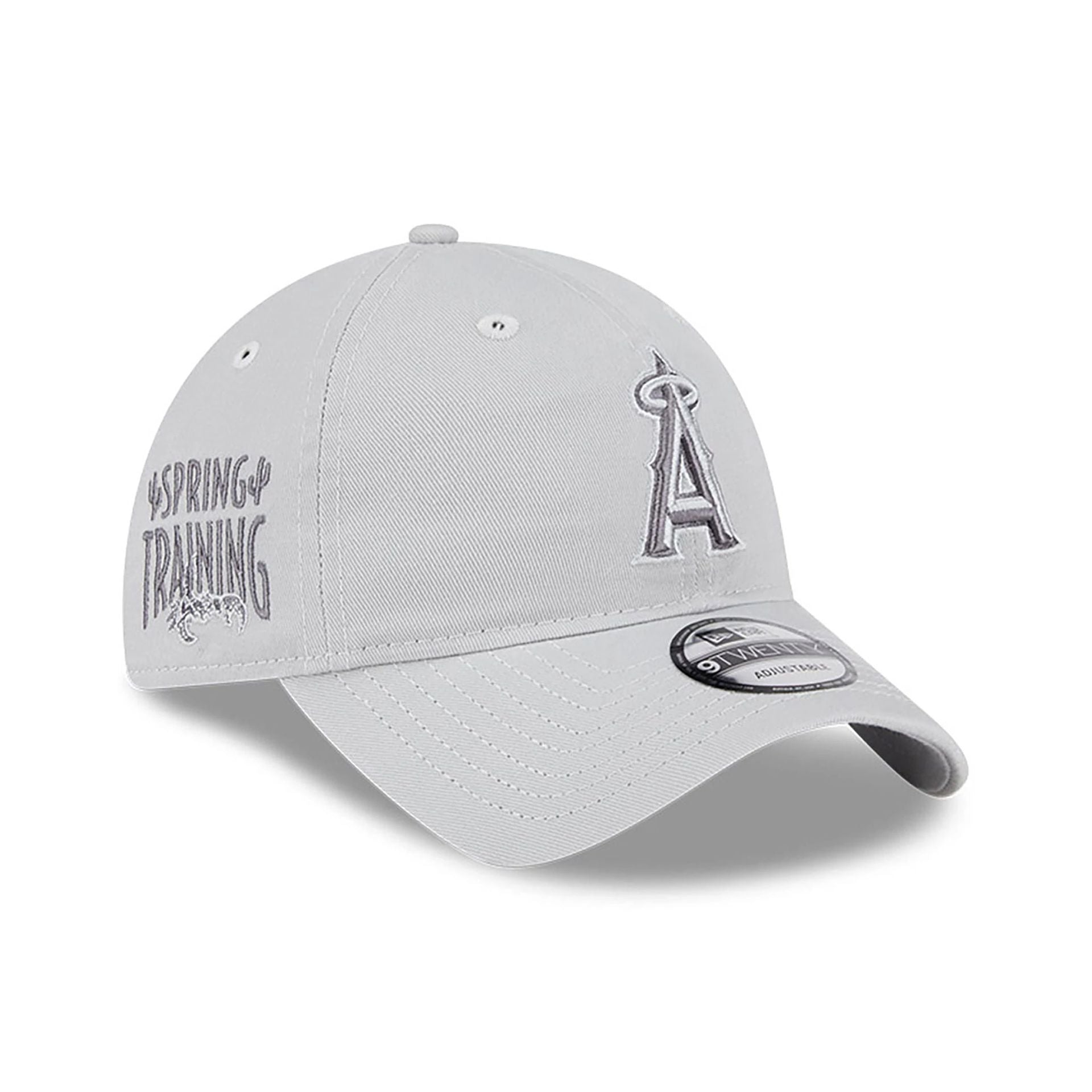 This is a LA Angels Spring Training Fan Pack 2025 Light Grey 9TWENTY Adjustable Cap 1