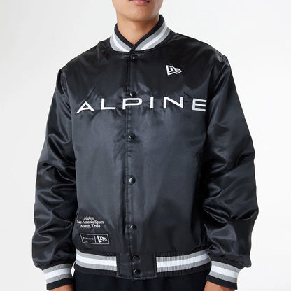 The Male model is wearing BTW Alpine F1 Racing x San Antonio Spurs Black Satin Bomber Jacket 3