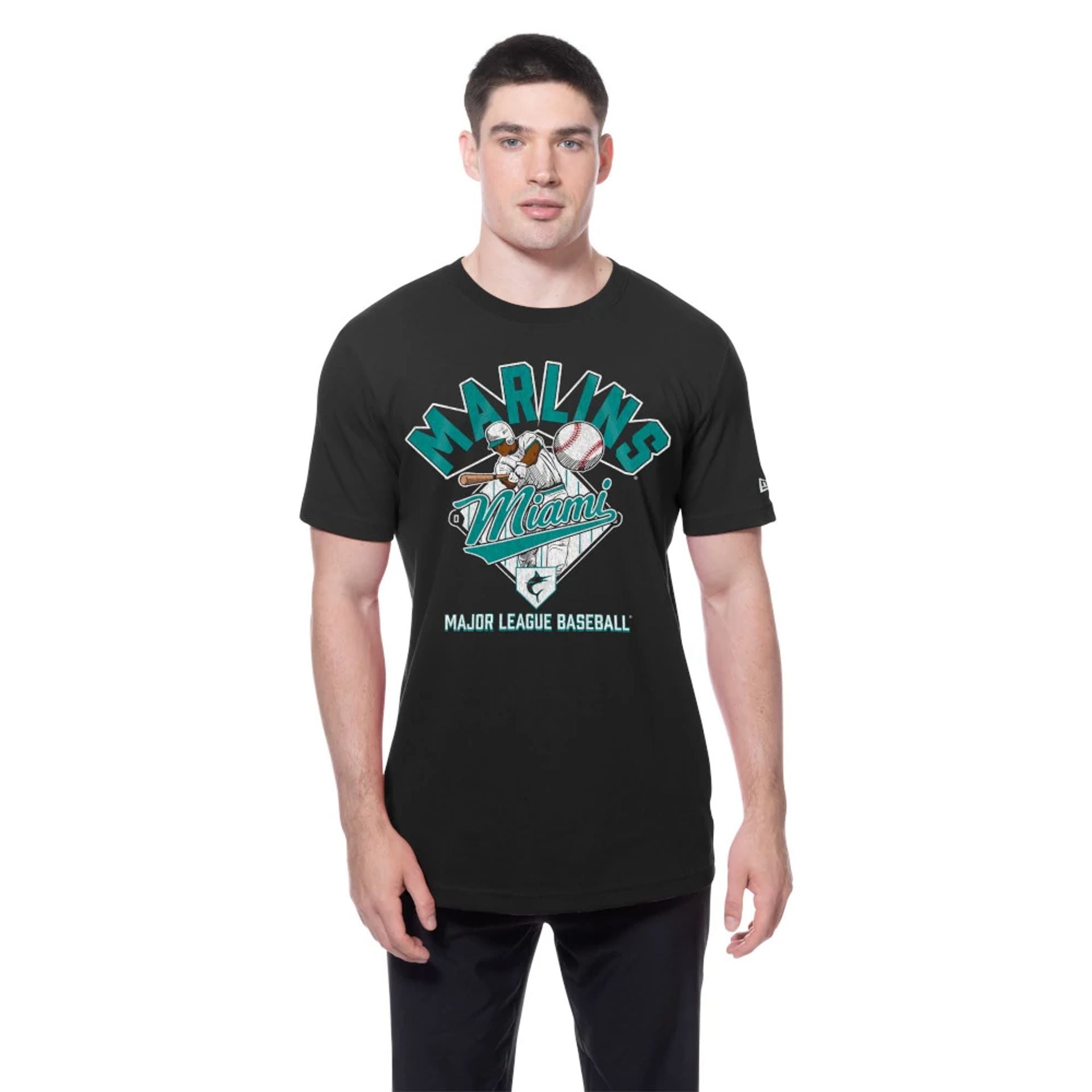 The Male model is wearing Miami Marlins MLB Batting Practice Black T-Shirt 1