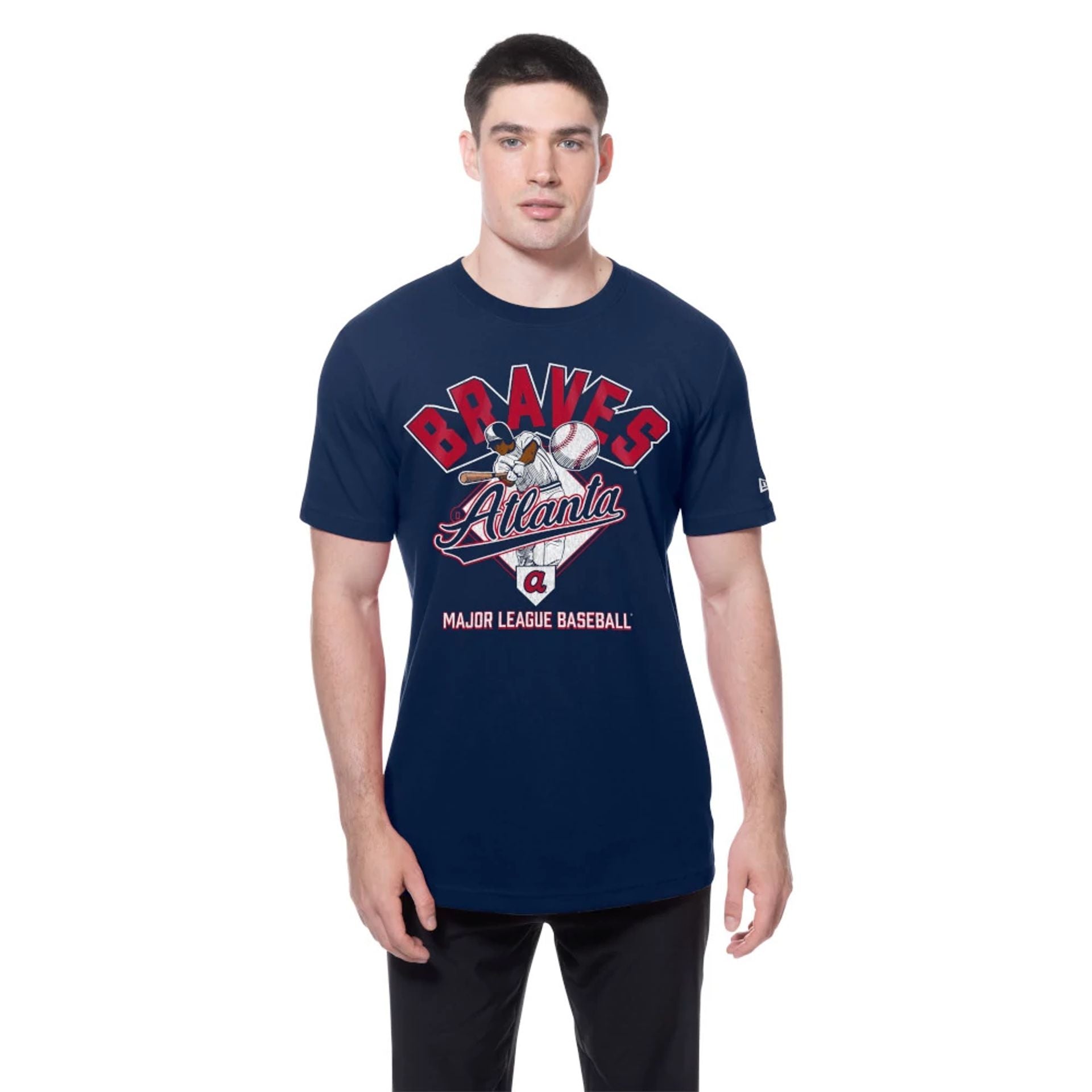 The Male model is wearing Atlanta Braves MLB Batting Practice Navy T-Shirt 1