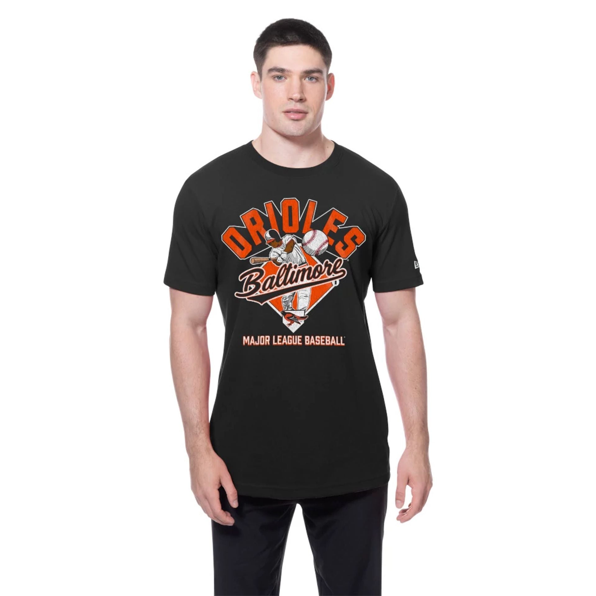 The Male model is wearing Baltimore Orioles MLB Batting Practice Black T-Shirt 1