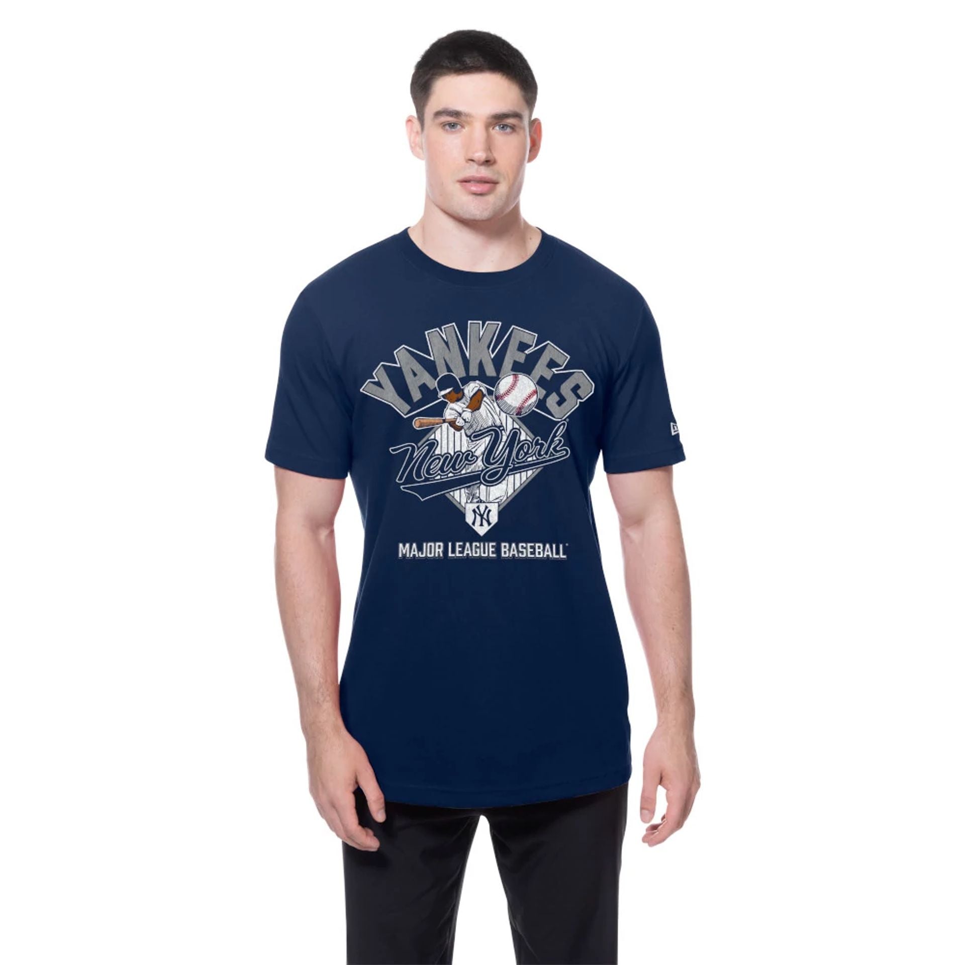 The Male model is wearing New York Yankees MLB Batting Practice Navy T-Shirt 1