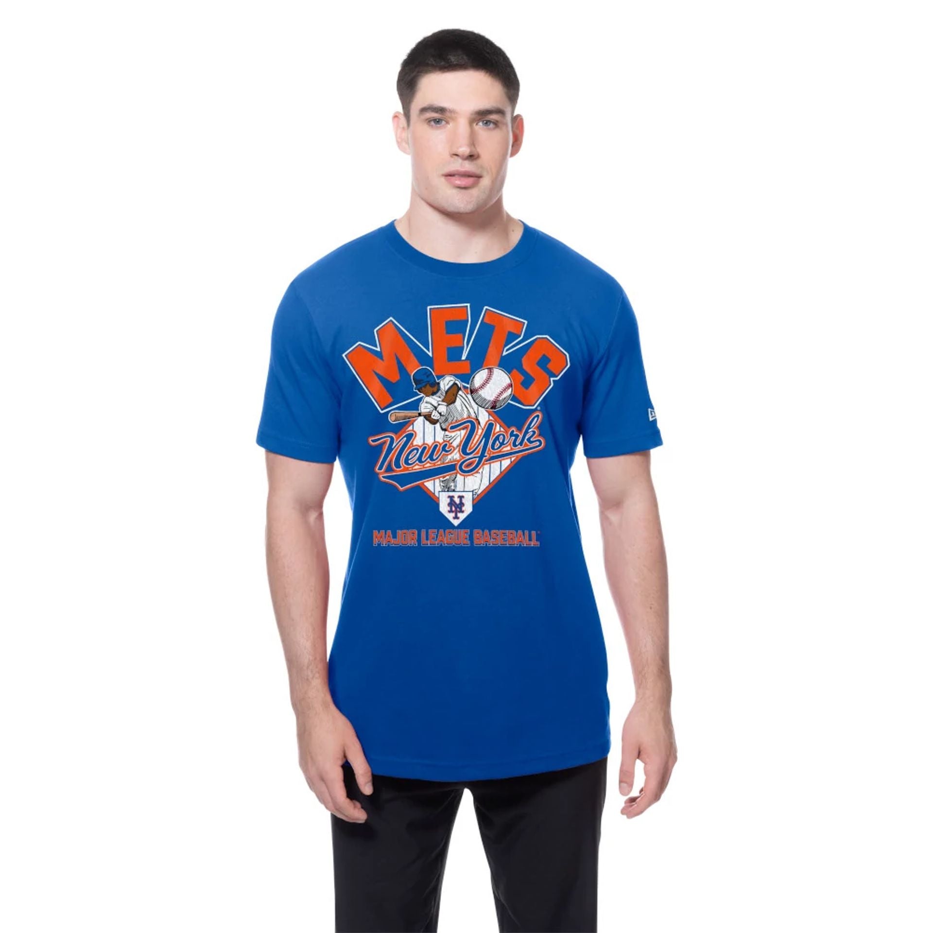 The Male model is wearing New York Mets MLB Batting Practice Blue T-Shirt 1