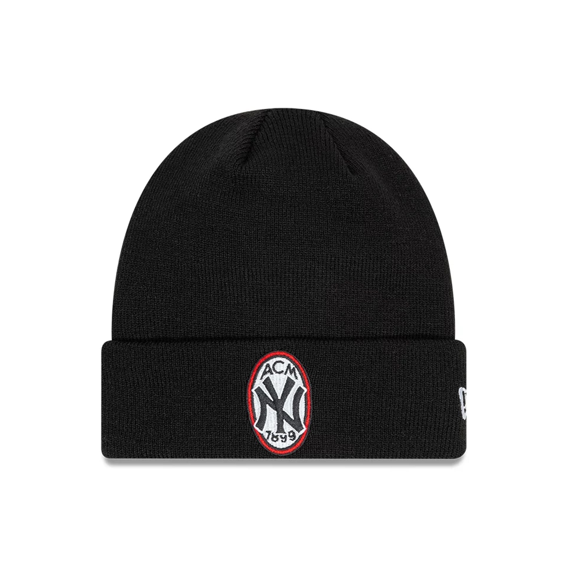 This is a AC Milan x New York Yankees Script Black Cuff Knit Beanie Hat 1