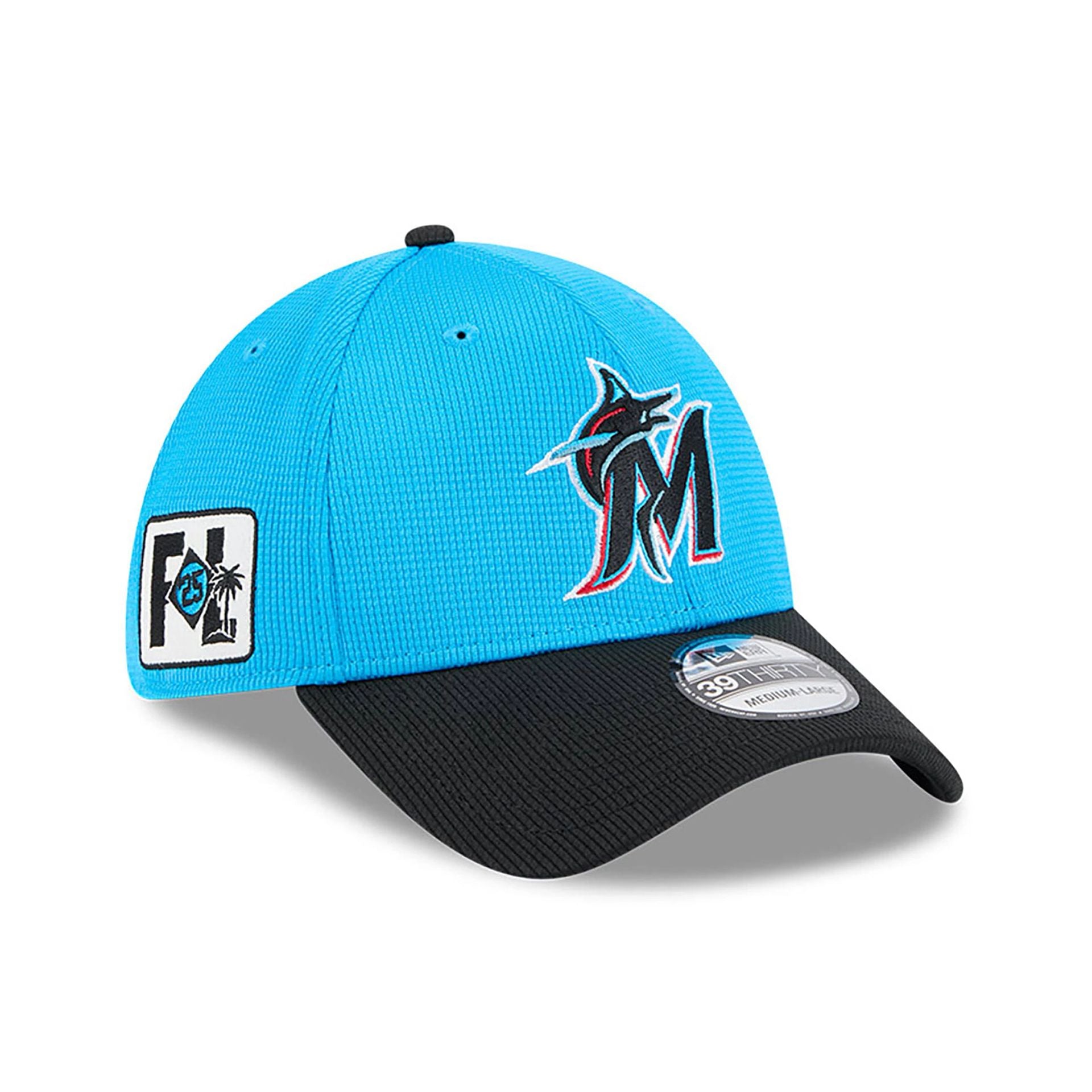 This is a Miami Marlins Spring Training 2025 Blue 39THIRTY Stretch Fit Cap 1