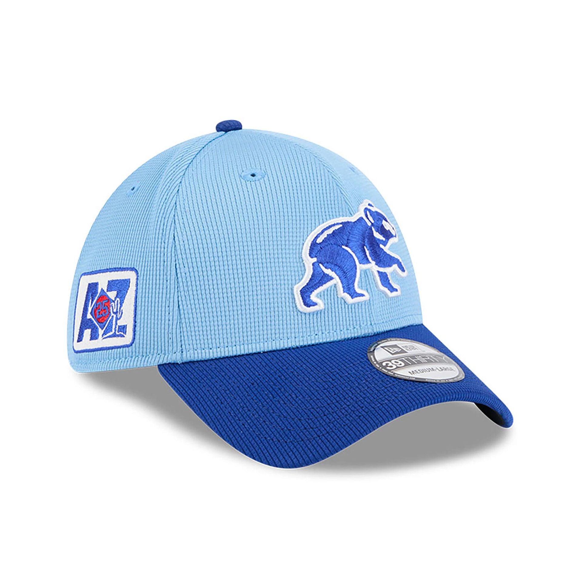 This is a Chicago Cubs Spring Training 2025 Light Blue 39THIRTY Stretch Fit Cap 1