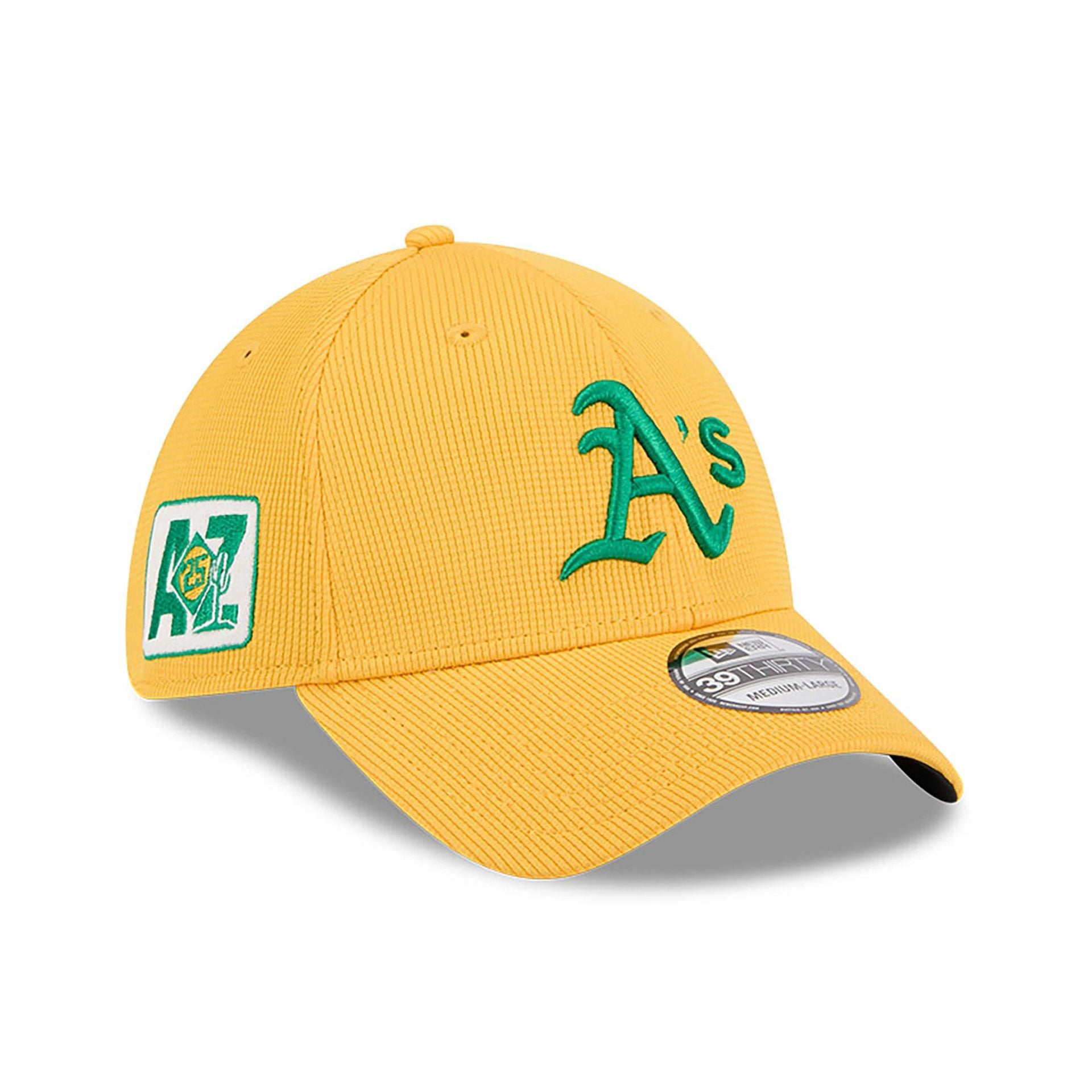 This is a Oakland Athletics Spring Training 2025 Yellow 39THIRTY Stretch Fit Cap 1