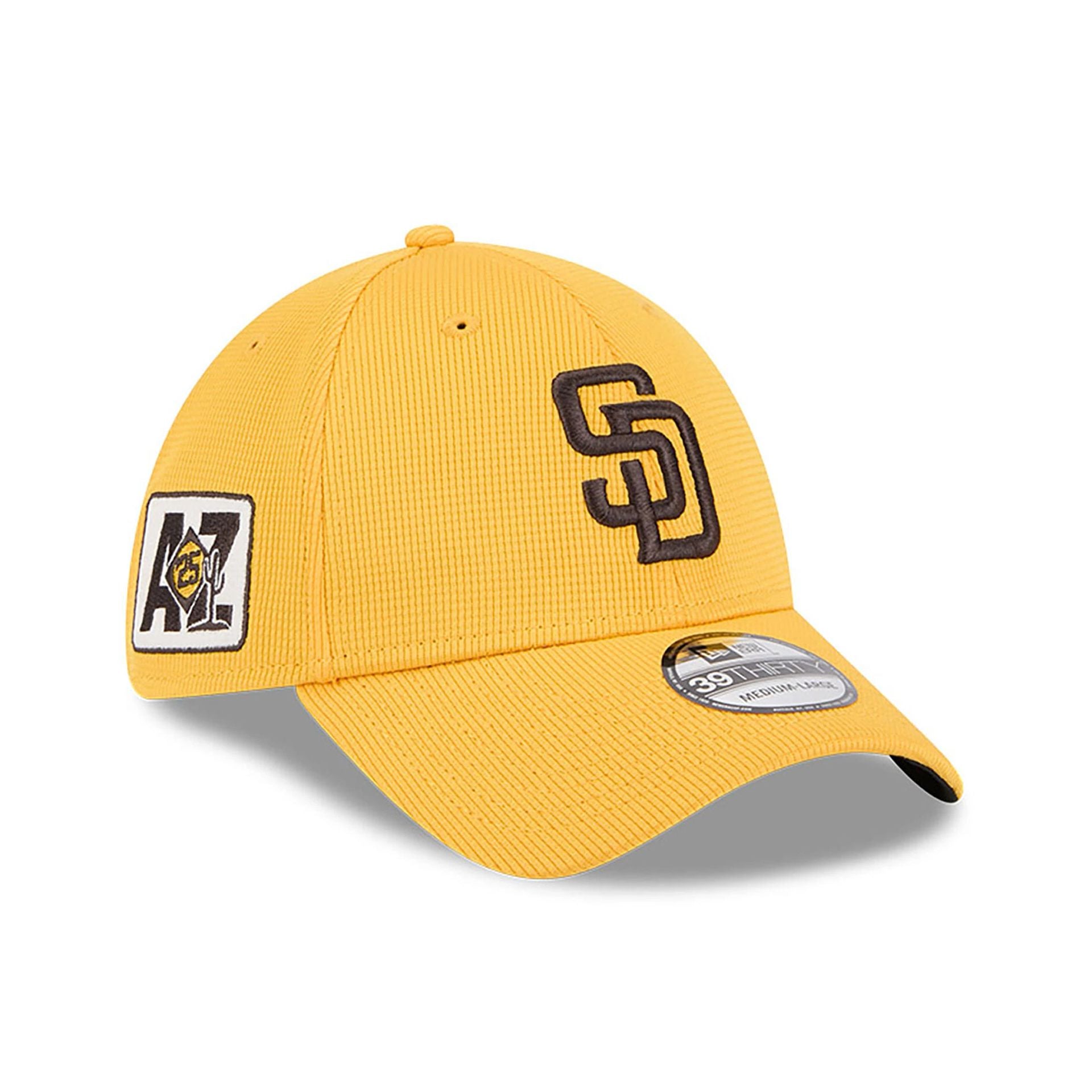 This is a San Diego Padres Spring Training 2025 Yellow 39THIRTY Stretch Fit Cap 1