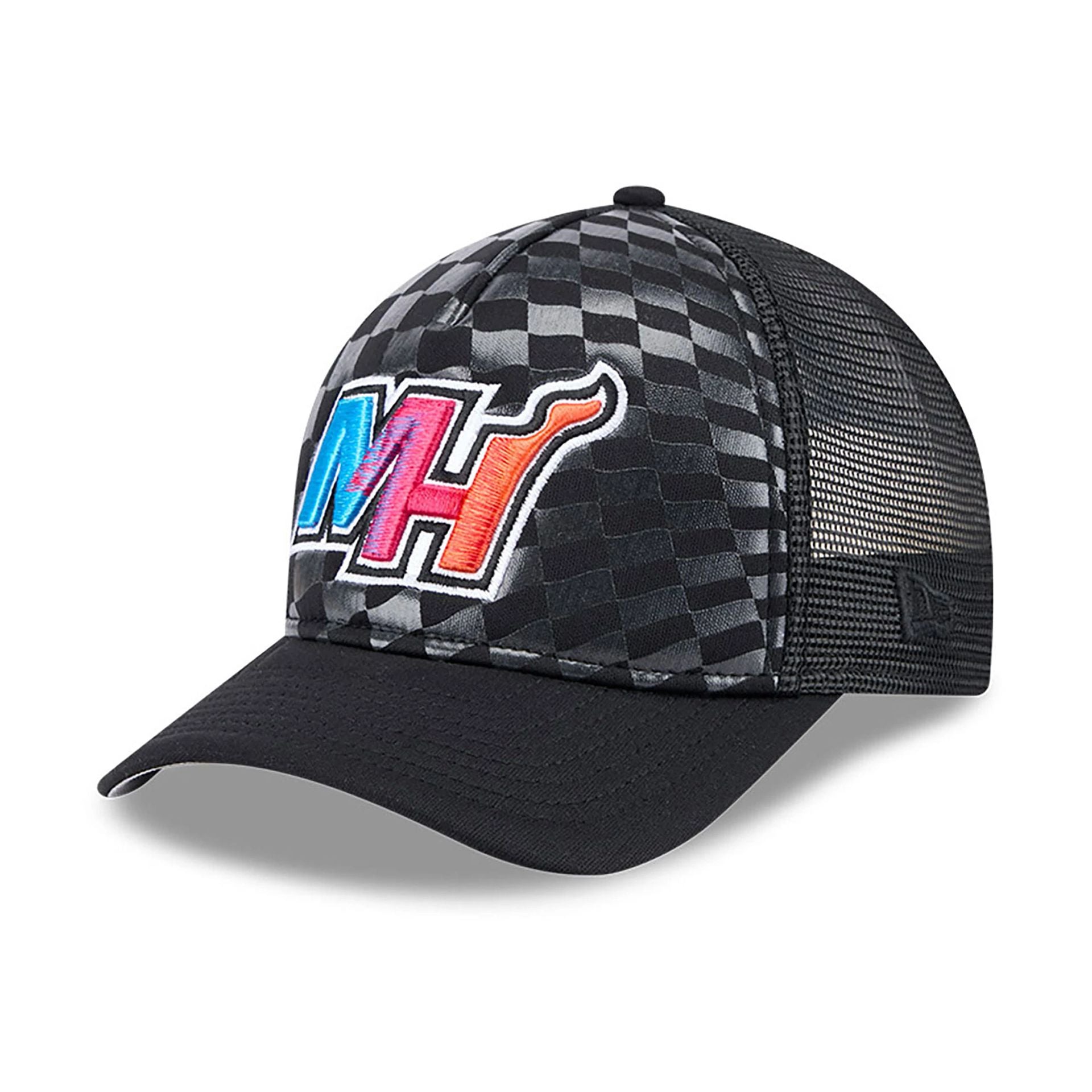 This is a Miami Heat Gradient Raceway Black 9FORTY M-Crown A-Frame Trucker Adjustable Cap 1