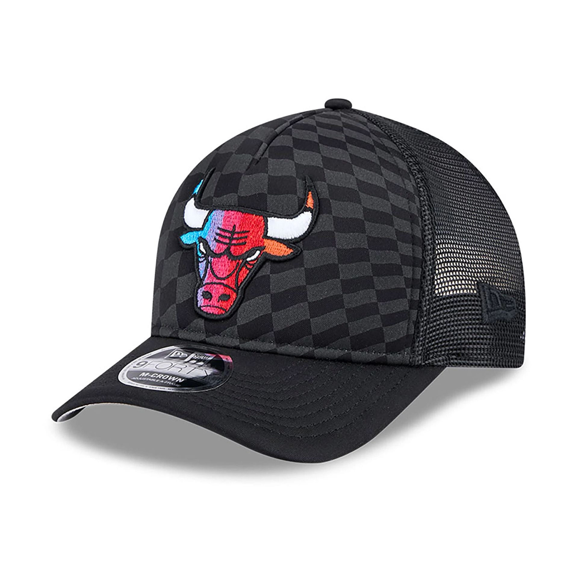 This is a Chicago Bulls Gradient Raceway Black 9FORTY M-Crown A-Frame Trucker Adjustable Cap 1