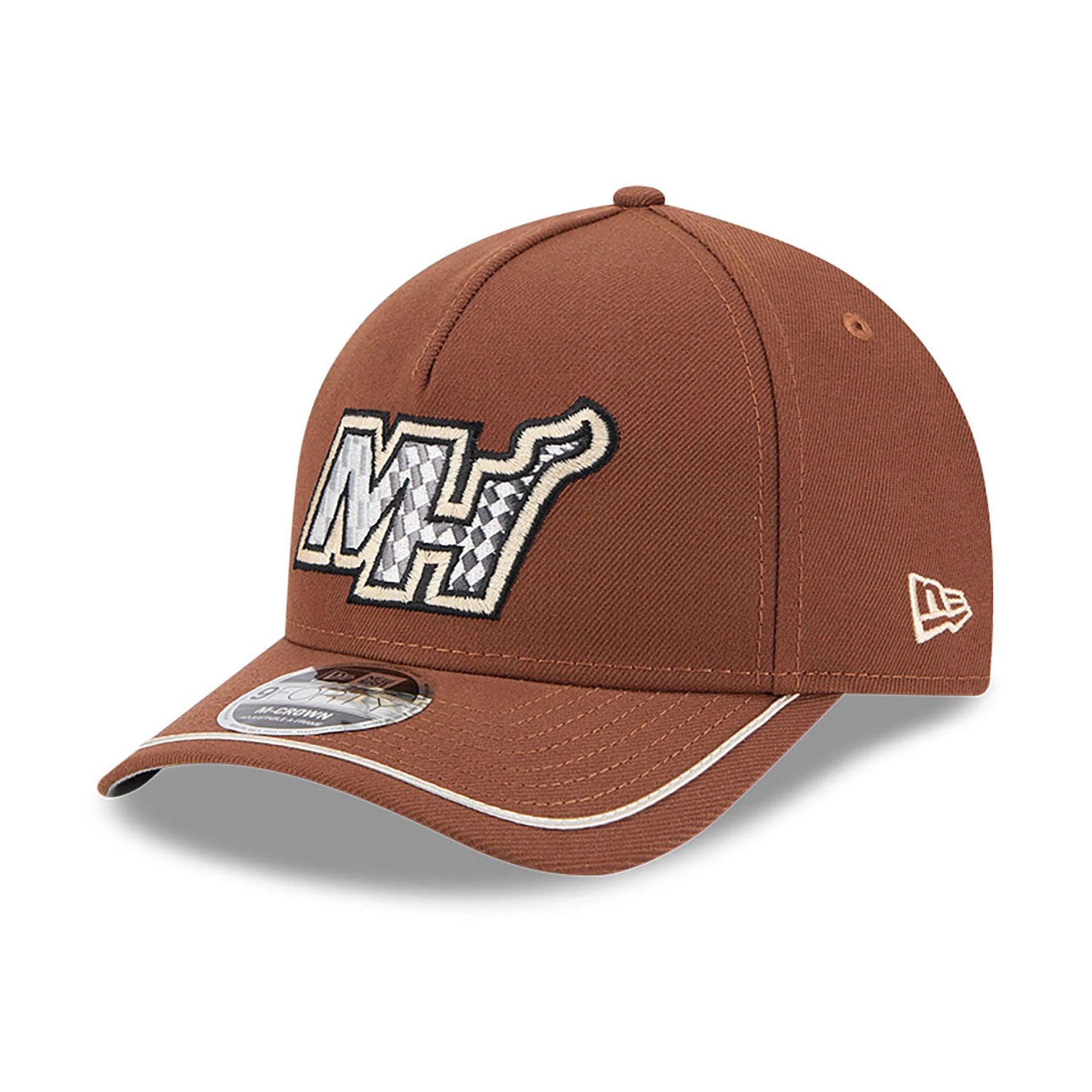 This is a Miami Heat New Era Motorsport Dark Brown 9FORTY M-Crown A-Frame Adjustable Cap 1