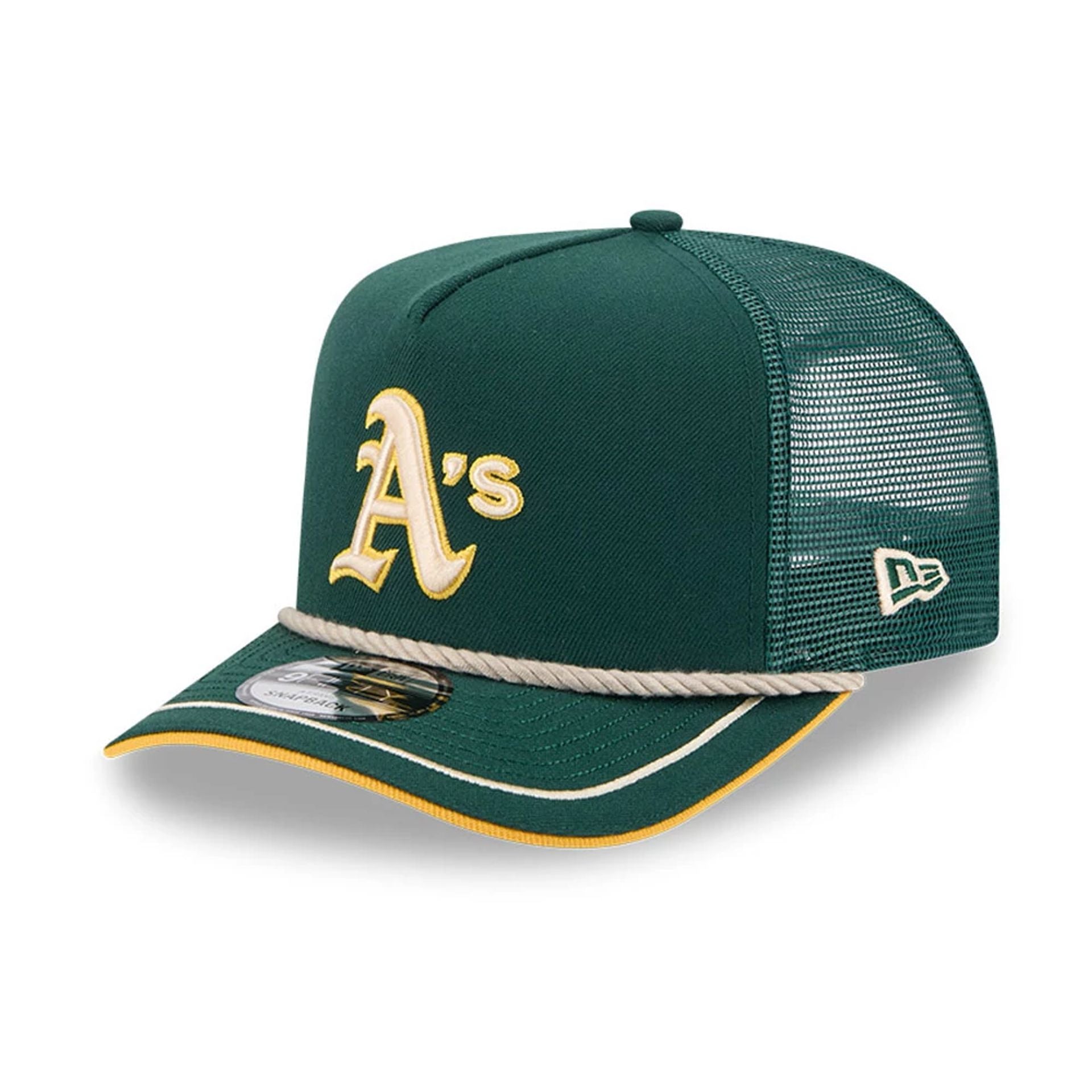 This is a Oakland Athletics Vintage Team Rope Dark Green 9FIFTY A-Frame Trucker Adjustable Cap 1