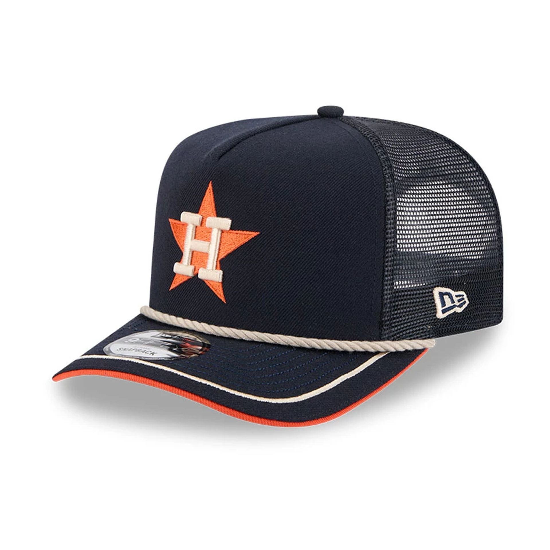 This is a Houston Astros Vintage Team Rope Navy 9FIFTY A-Frame Trucker Adjustable Cap 1