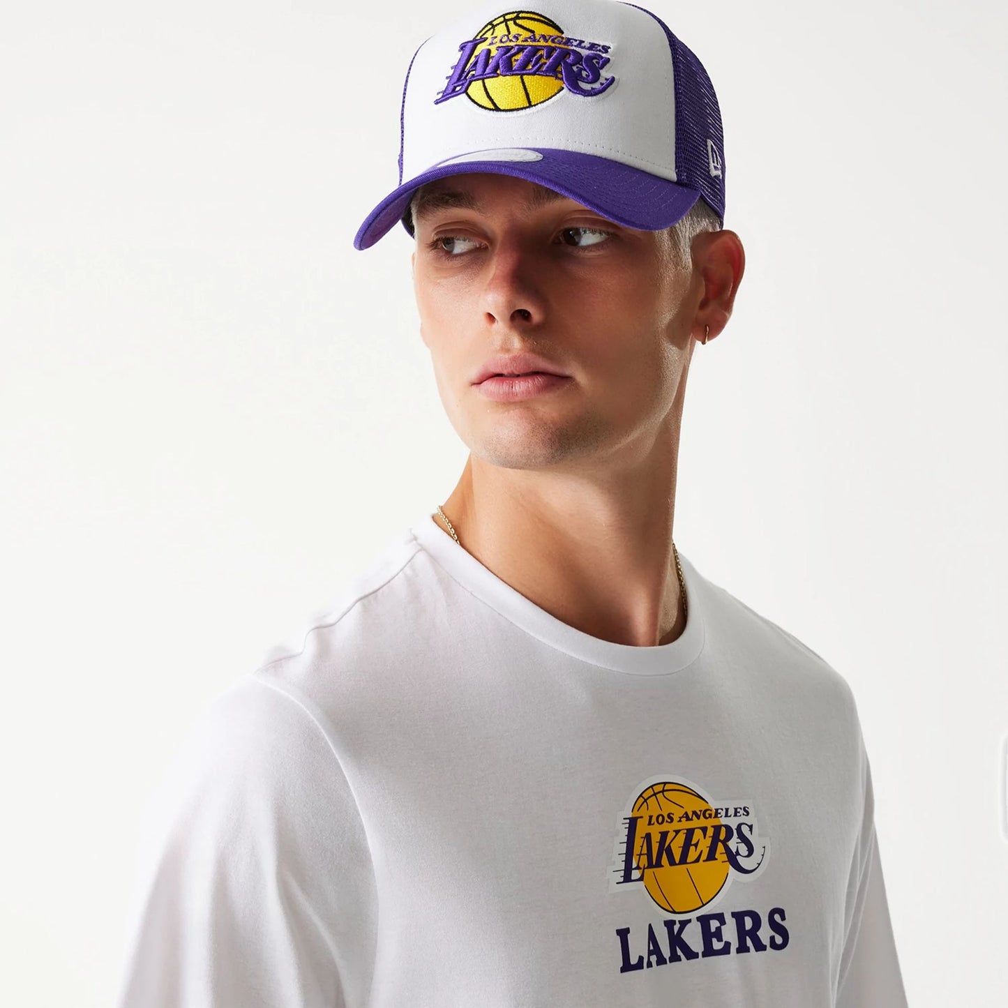 The Male model is wearing LA Lakers NBA White T-Shirt 4