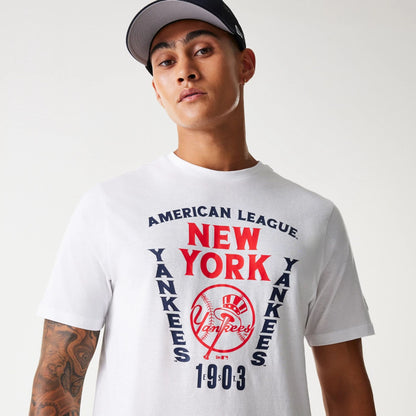 The Male model is wearing New York Yankees MLB Slanted Logo White T-Shirt 3