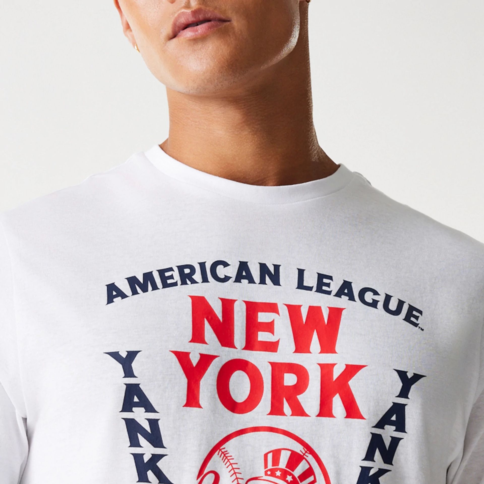 The Male model is wearing New York Yankees MLB Slanted Logo White T-Shirt 6