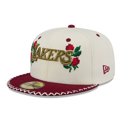 This is a LA Lakers Novelty Stitch White 59FIFTY Fitted Cap 1