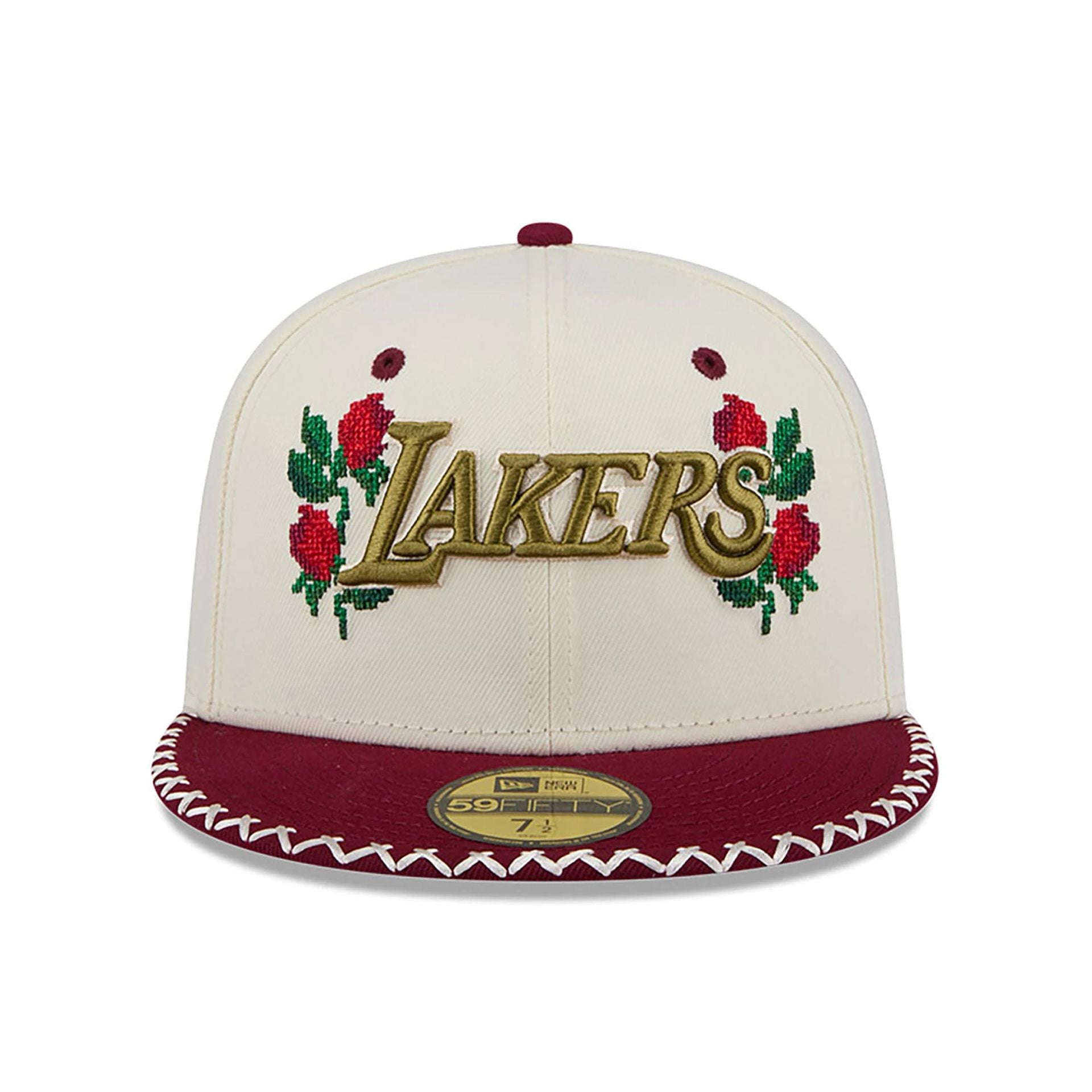 This is a LA Lakers Novelty Stitch White 59FIFTY Fitted Cap 3