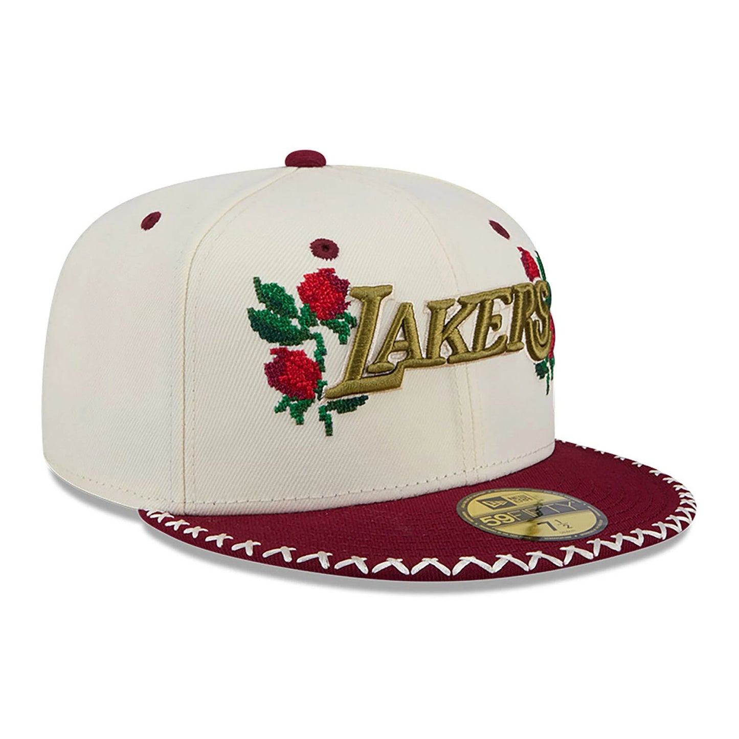 This is a LA Lakers Novelty Stitch White 59FIFTY Fitted Cap 4