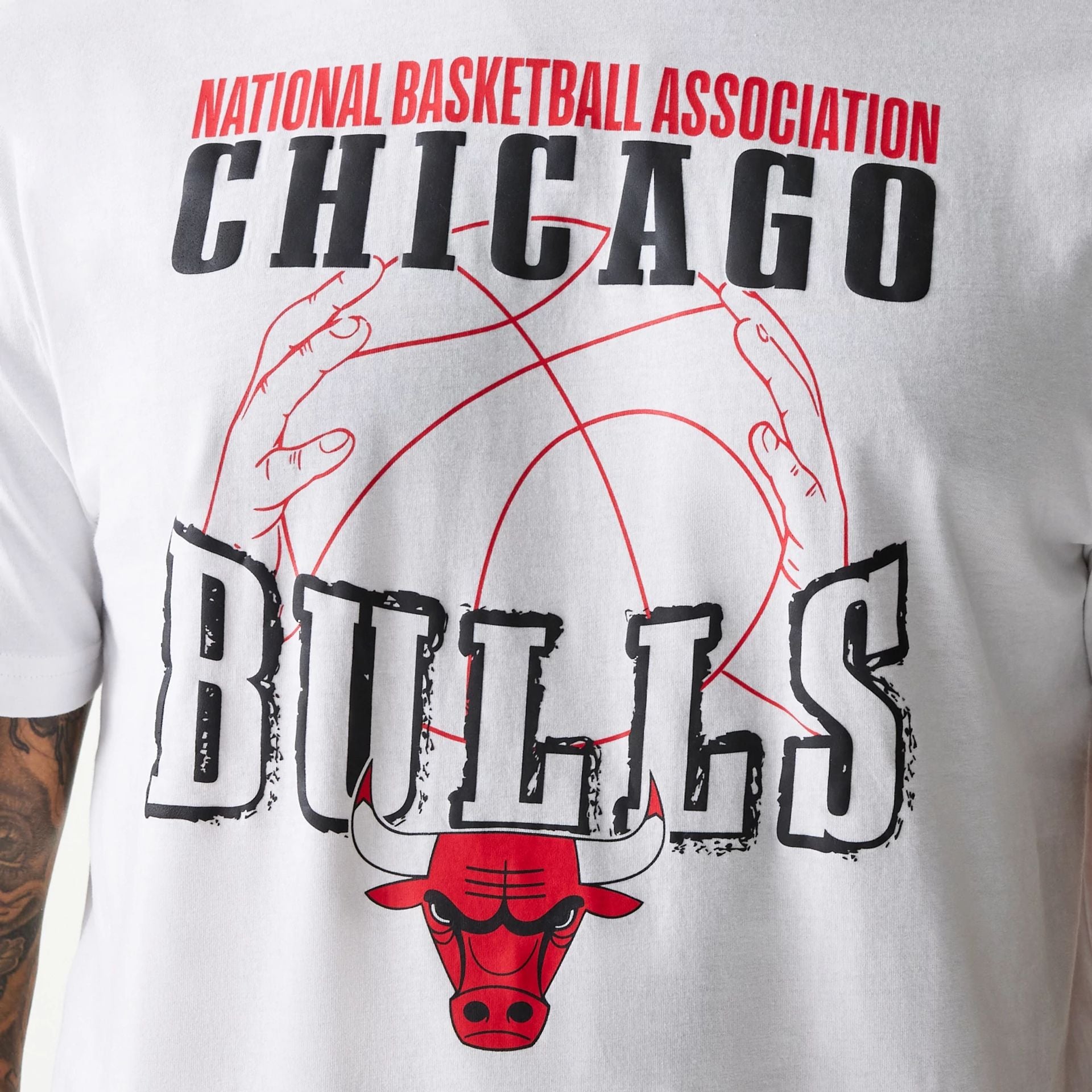 The Male model is wearing Chicago Bulls NBA Wordmark White T-Shirt 4