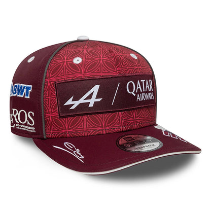 This is a Alpine Racing x Qatar Esteban Ocon Dark Red 9FIFTY Snapback Cap 4