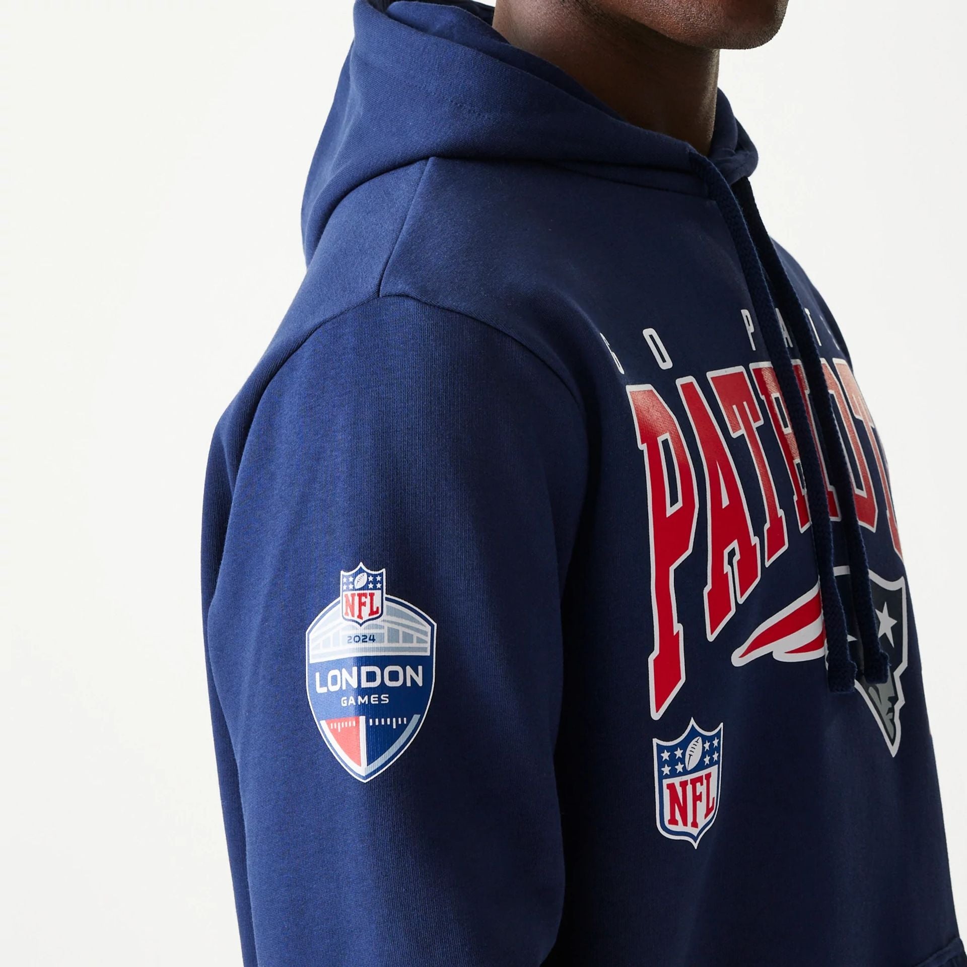 The Male model is wearing New England Patriots NFL Games Slogan Dark Blue Pullover Hoodie 3