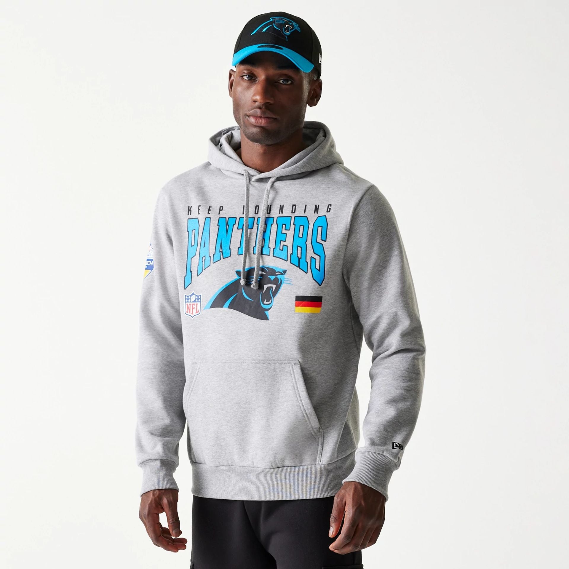 The Male model is wearing Carolina Panthers NFL Games Slogan Grey Pullover Hoodie 1