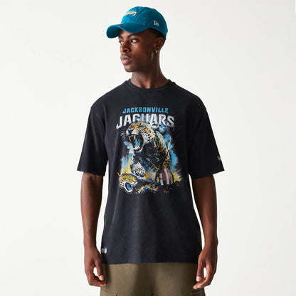 The Male model is wearing Jacksonville Jaguars NFL Games Premium Apparel Black Oversized T-Shirt 1