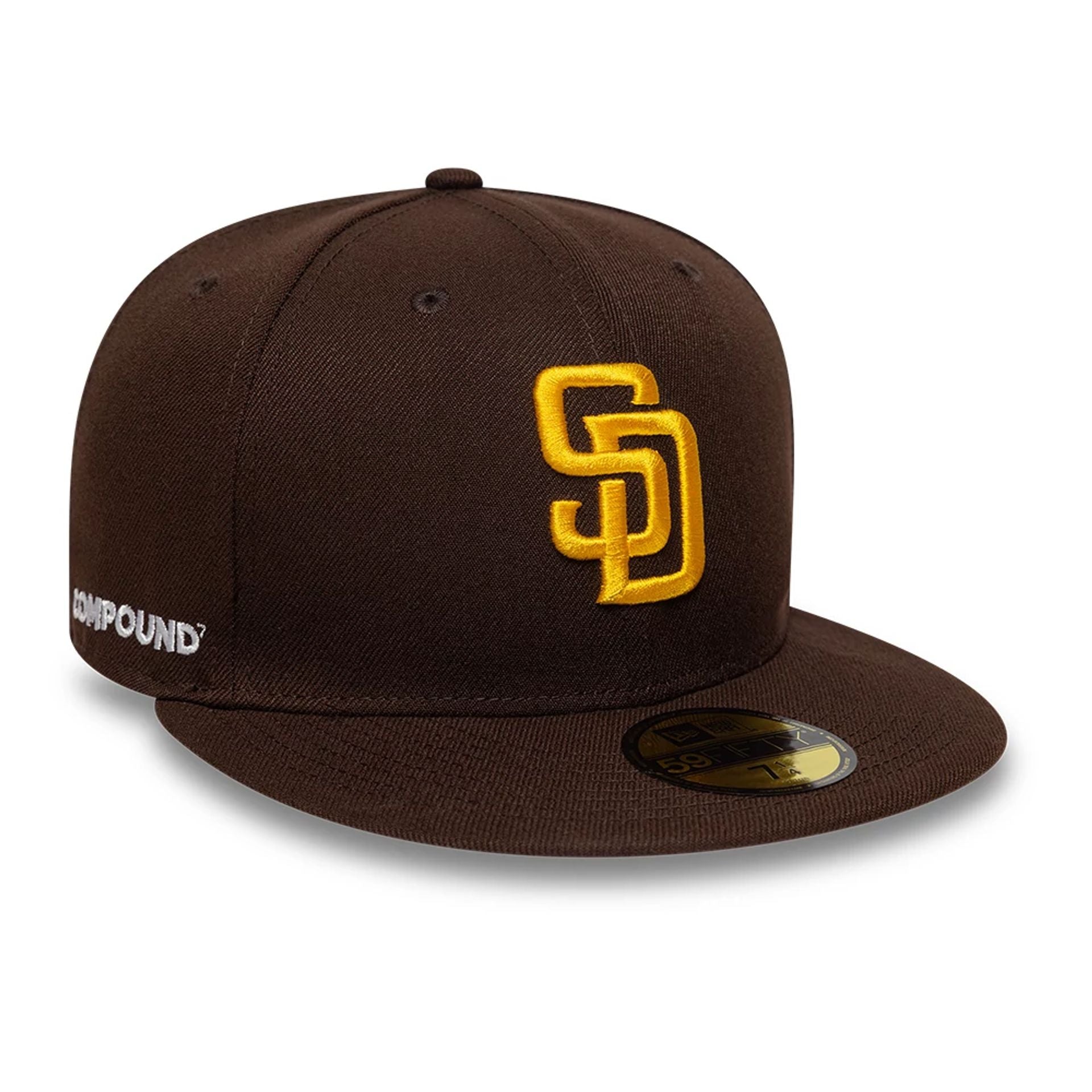 This is a San Diego Padres Compound X MLB Dark Brown 59FIFTY Fitted Cap 1