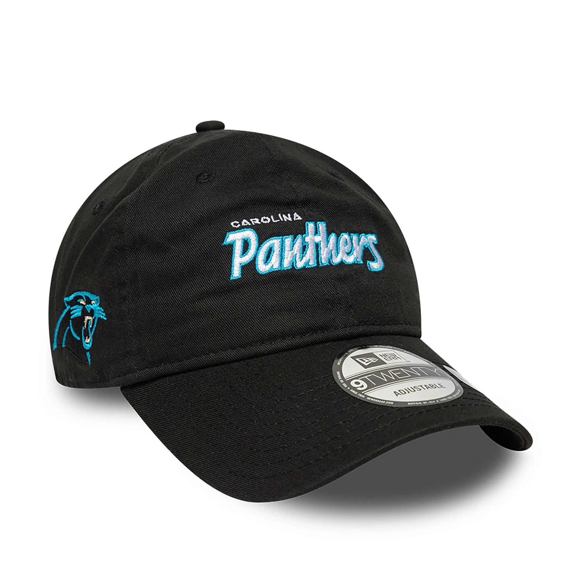 This is a Carolina Panthers NFL International Series Games 2024 Black 9TWENTY Adjustable Cap 1