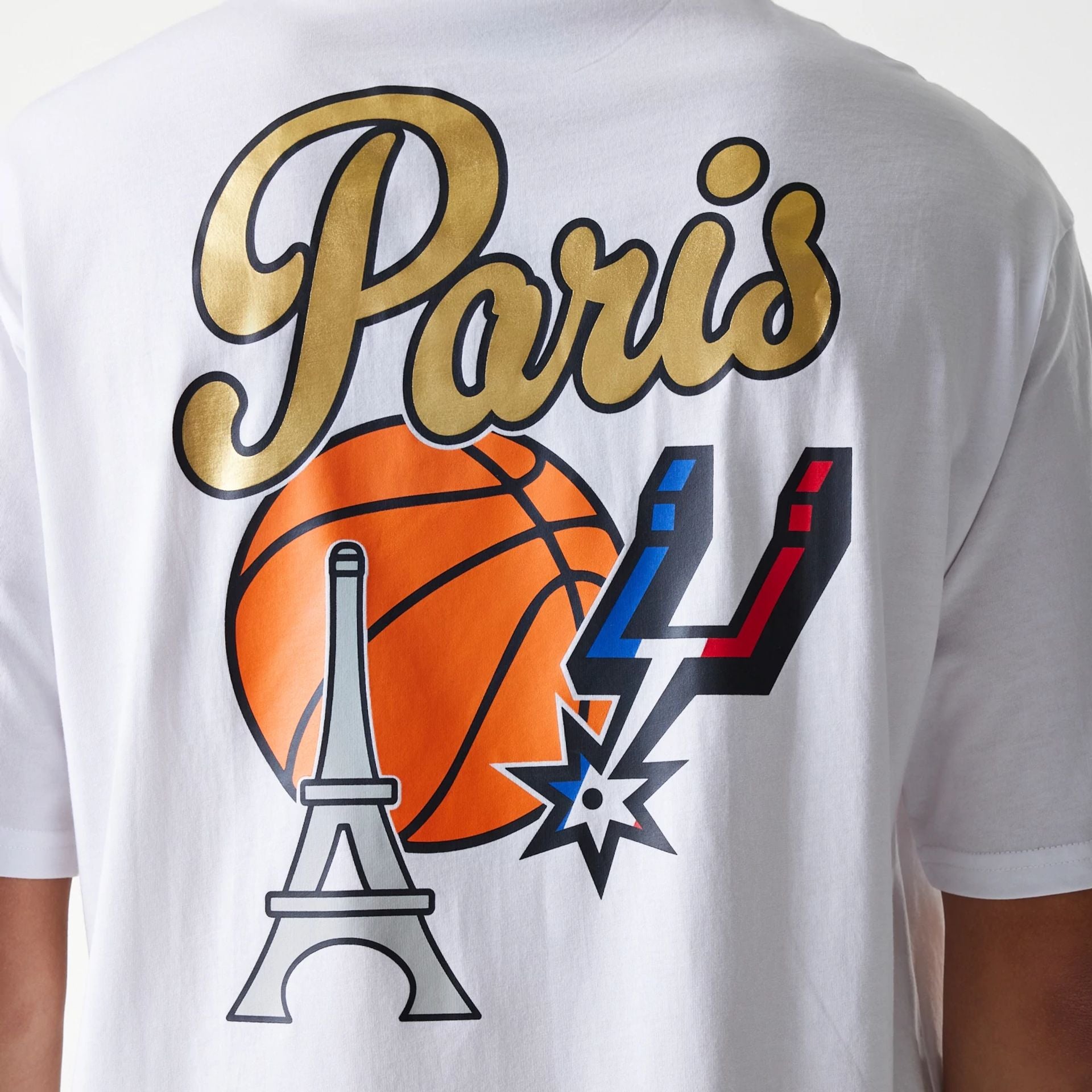 The Male model is wearing San Antonio Spurs NBA Paris Games 2025 White T-Shirt 5